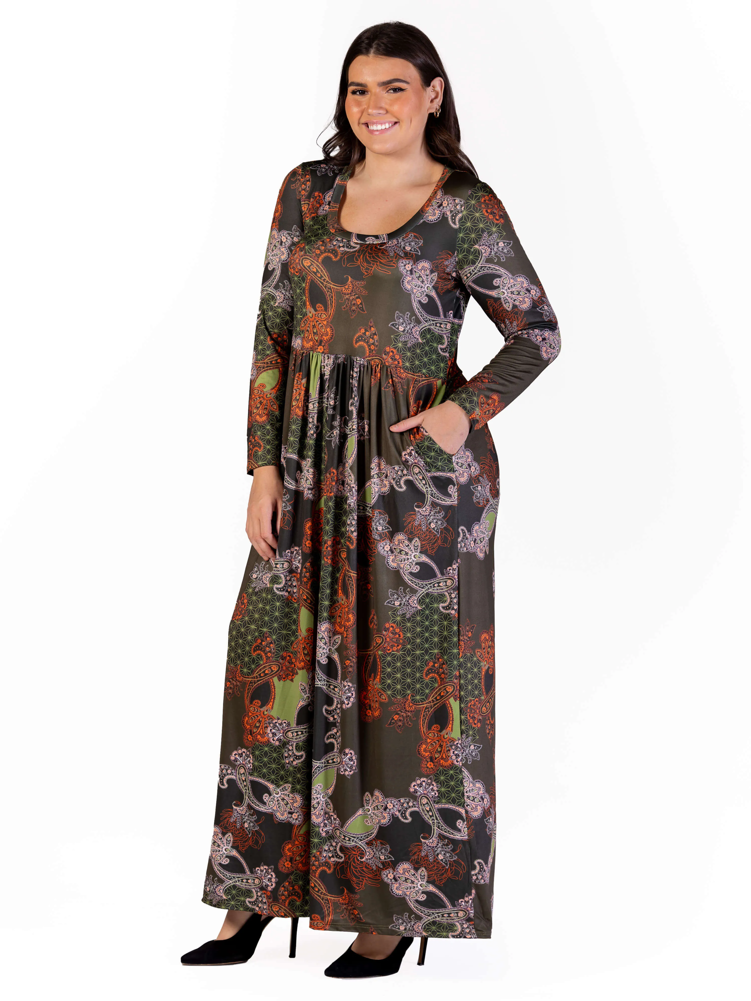 Plus Size Green Long Sleeve Empire Waist Pocket Maxi Dress