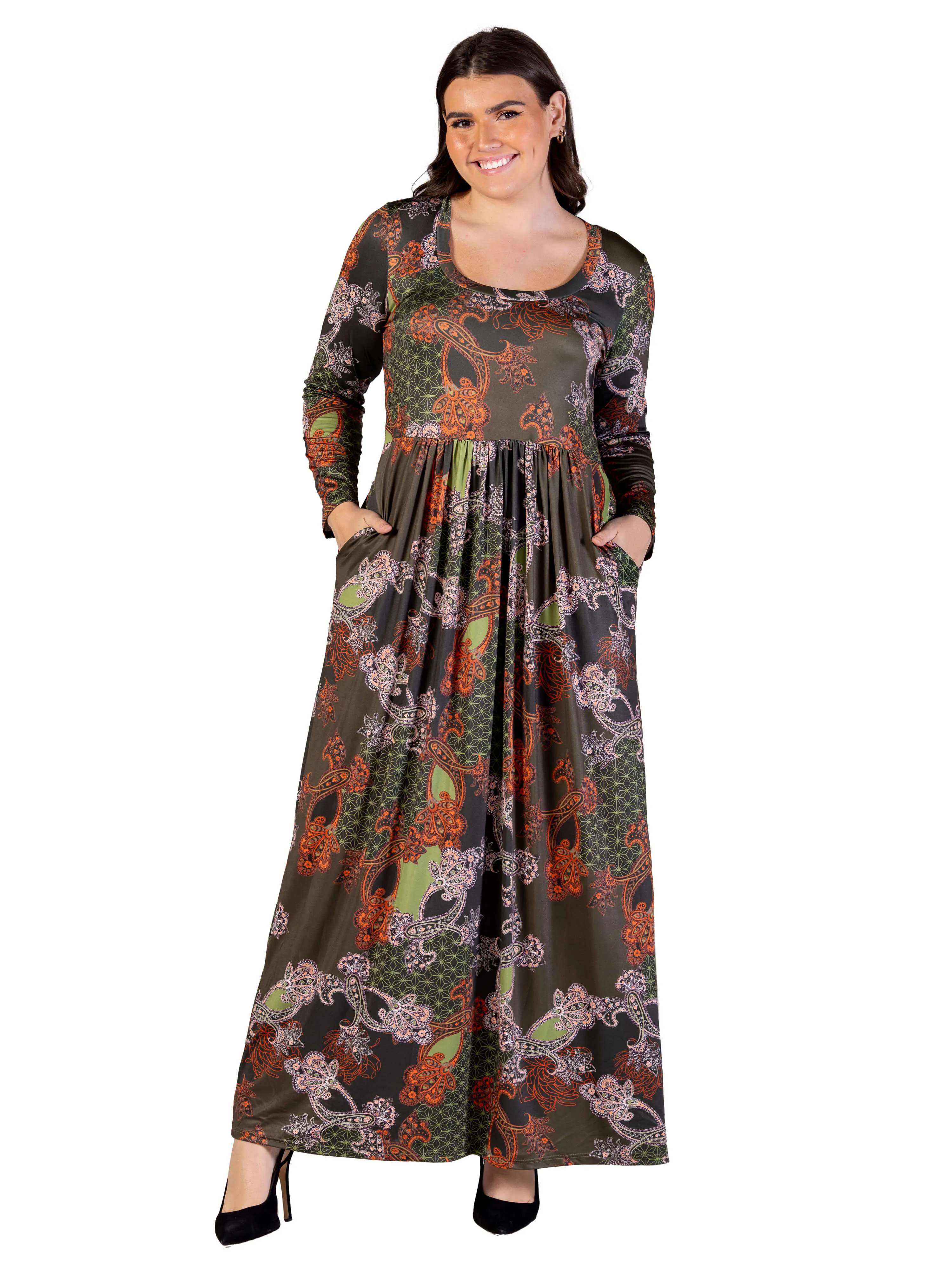 Plus Size Green Long Sleeve Empire Waist Pocket Maxi Dress