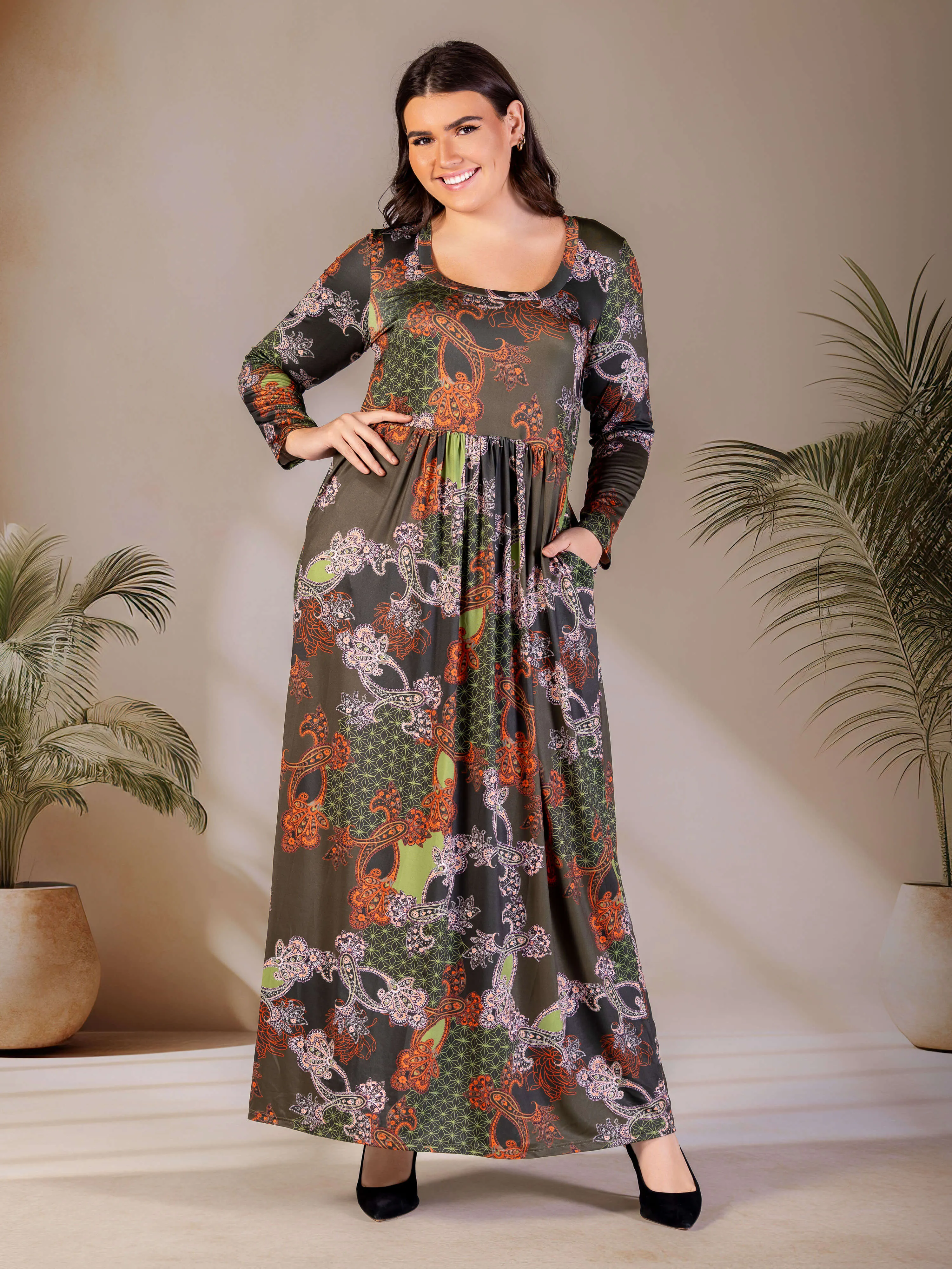 Plus Size Green Long Sleeve Empire Waist Pocket Maxi Dress