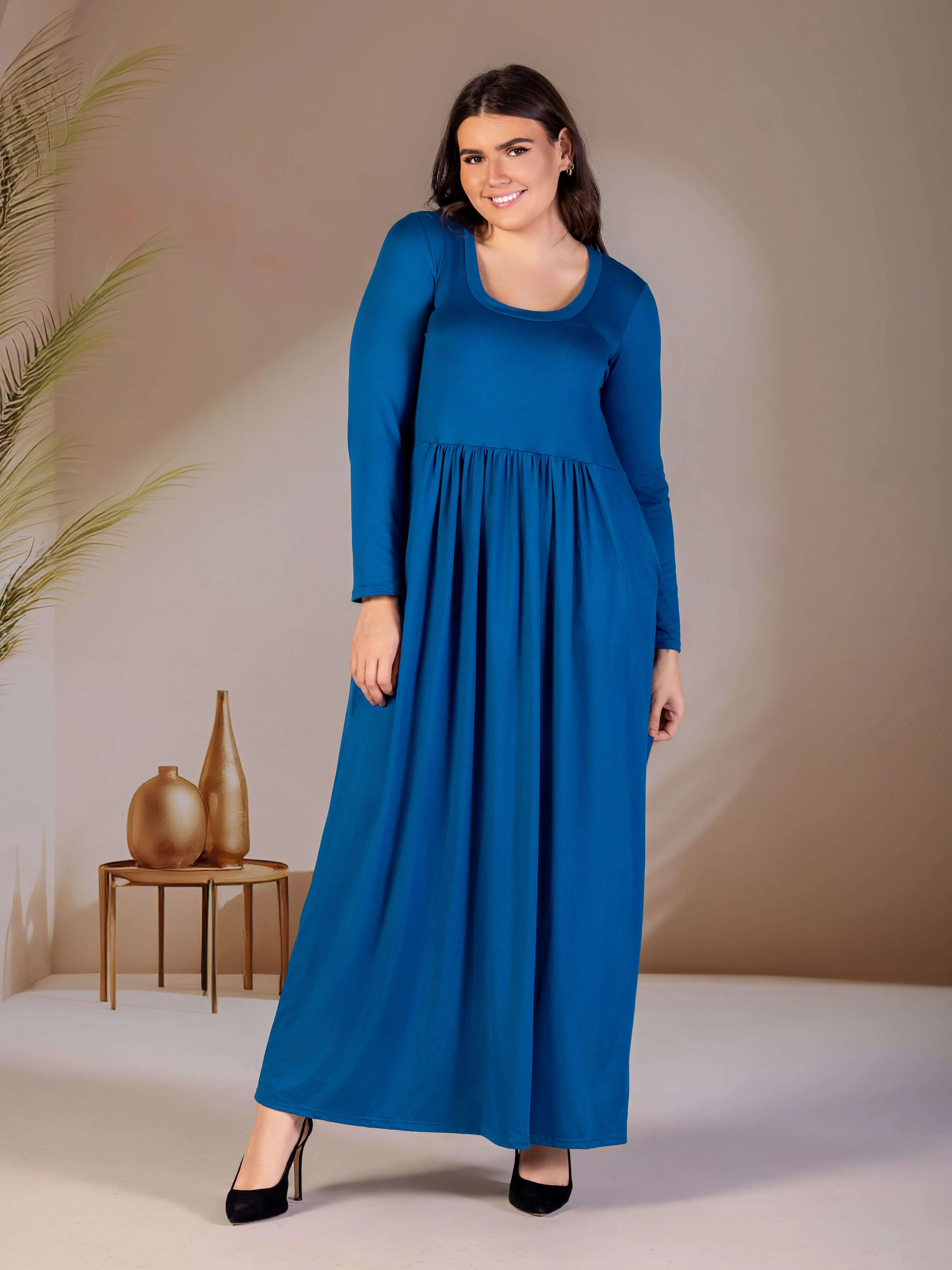 Plus Size Long Sleeve Empire Waist Pocket Maxi Dress