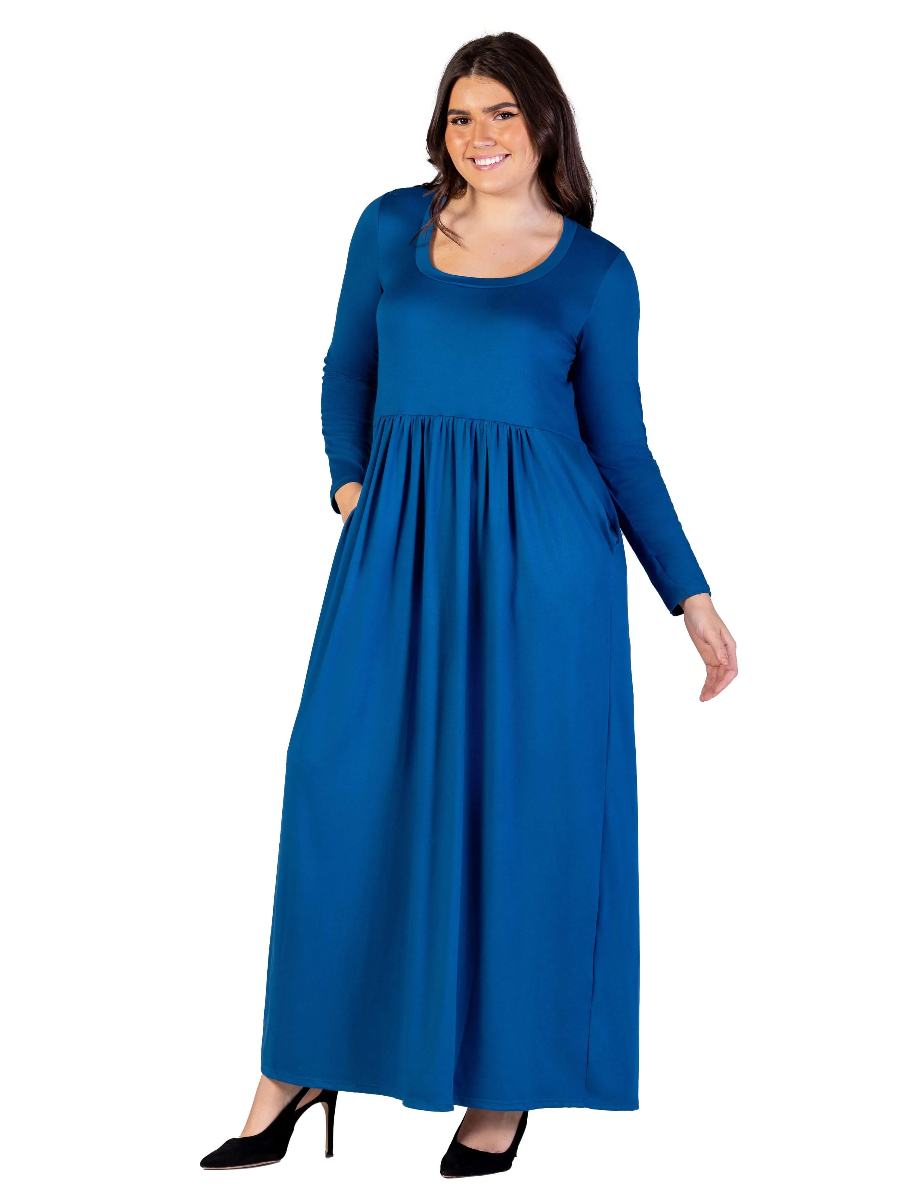 Plus Size Long Sleeve Empire Waist Pocket Maxi Dress