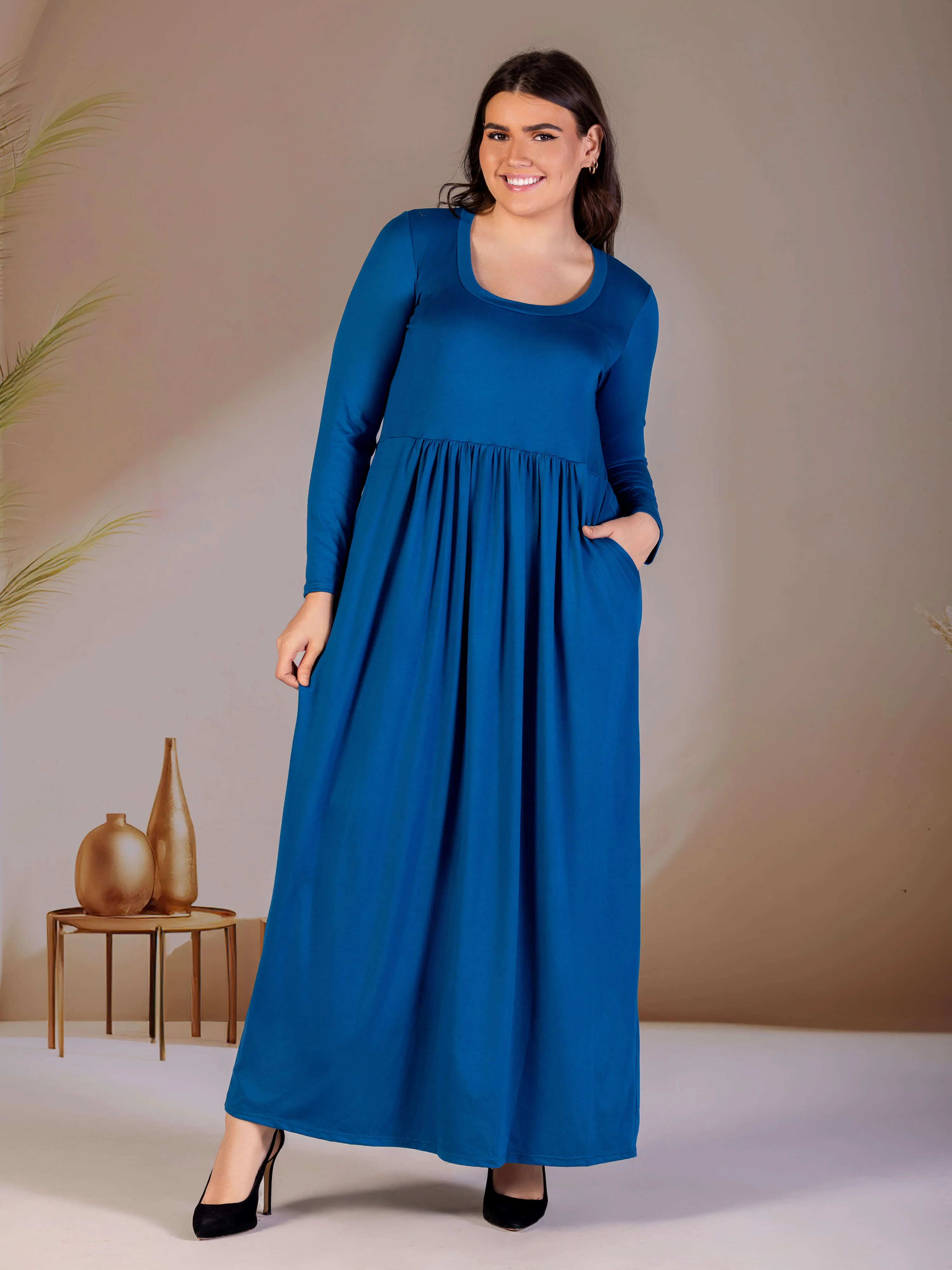 Plus Size Long Sleeve Empire Waist Pocket Maxi Dress