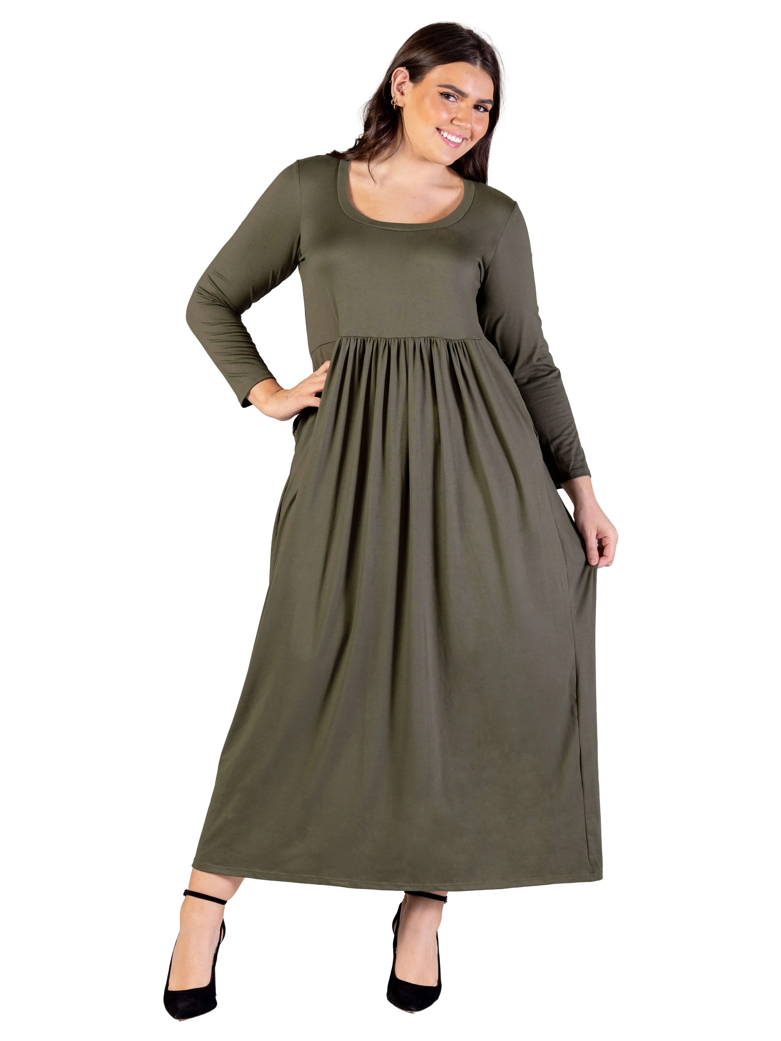 Plus Size Long Sleeve Empire Waist Pocket Maxi Dress