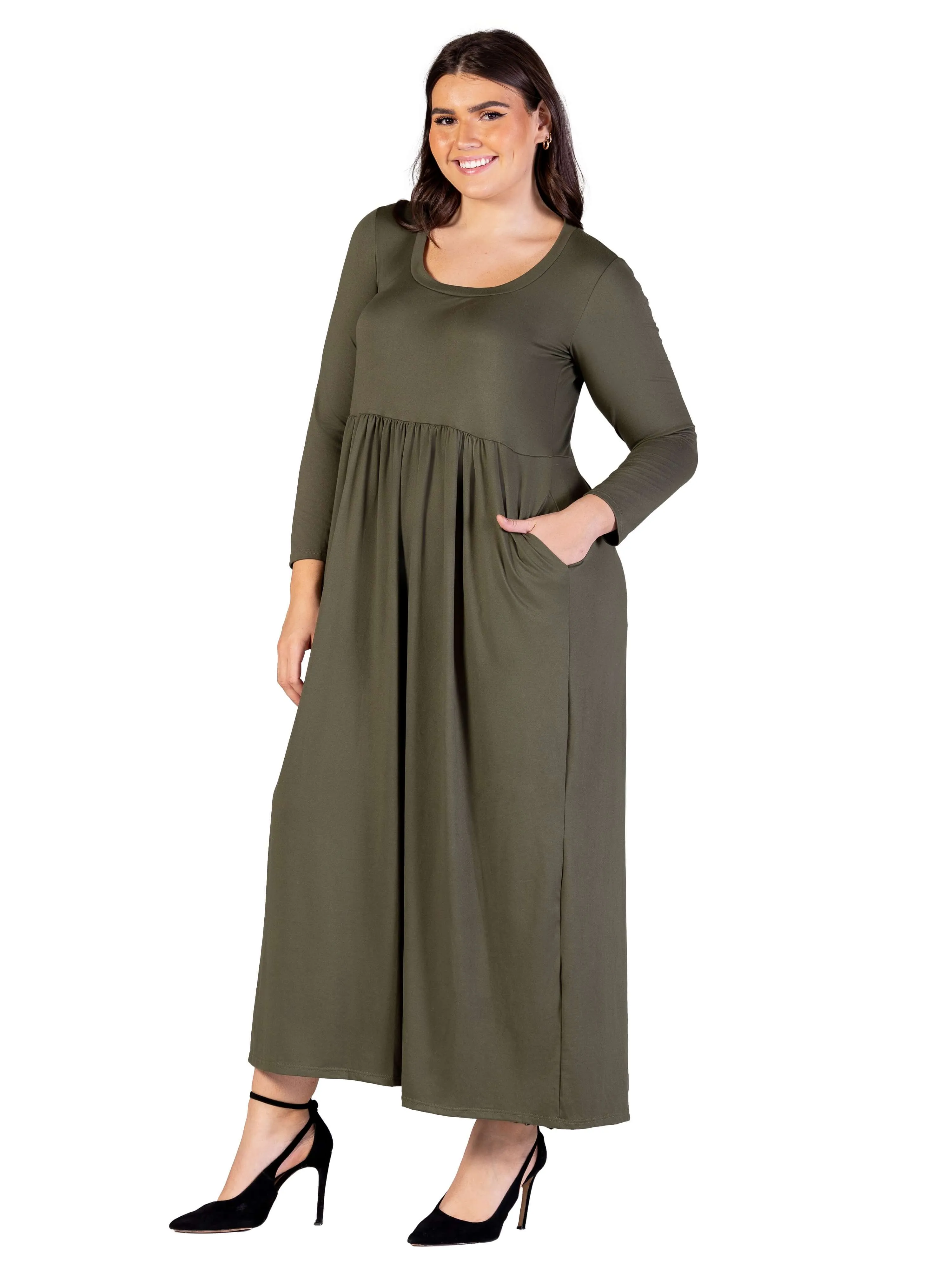 Plus Size Long Sleeve Empire Waist Pocket Maxi Dress