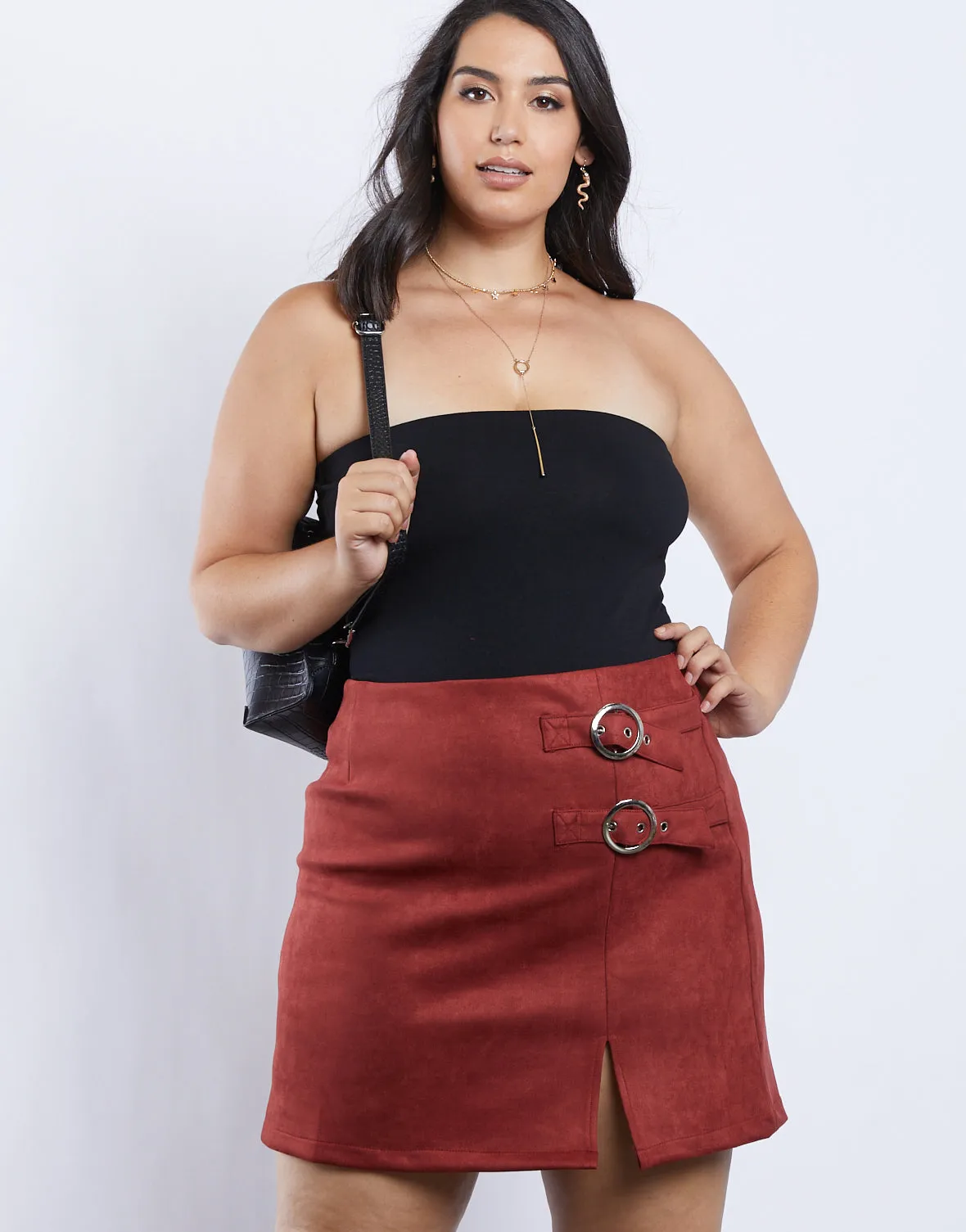 Plus Size Suede Buckle Skirt