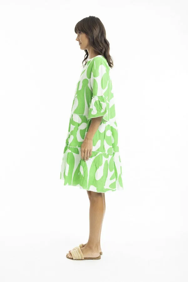 Print Linen 3/4 Sleeve Layered Dress