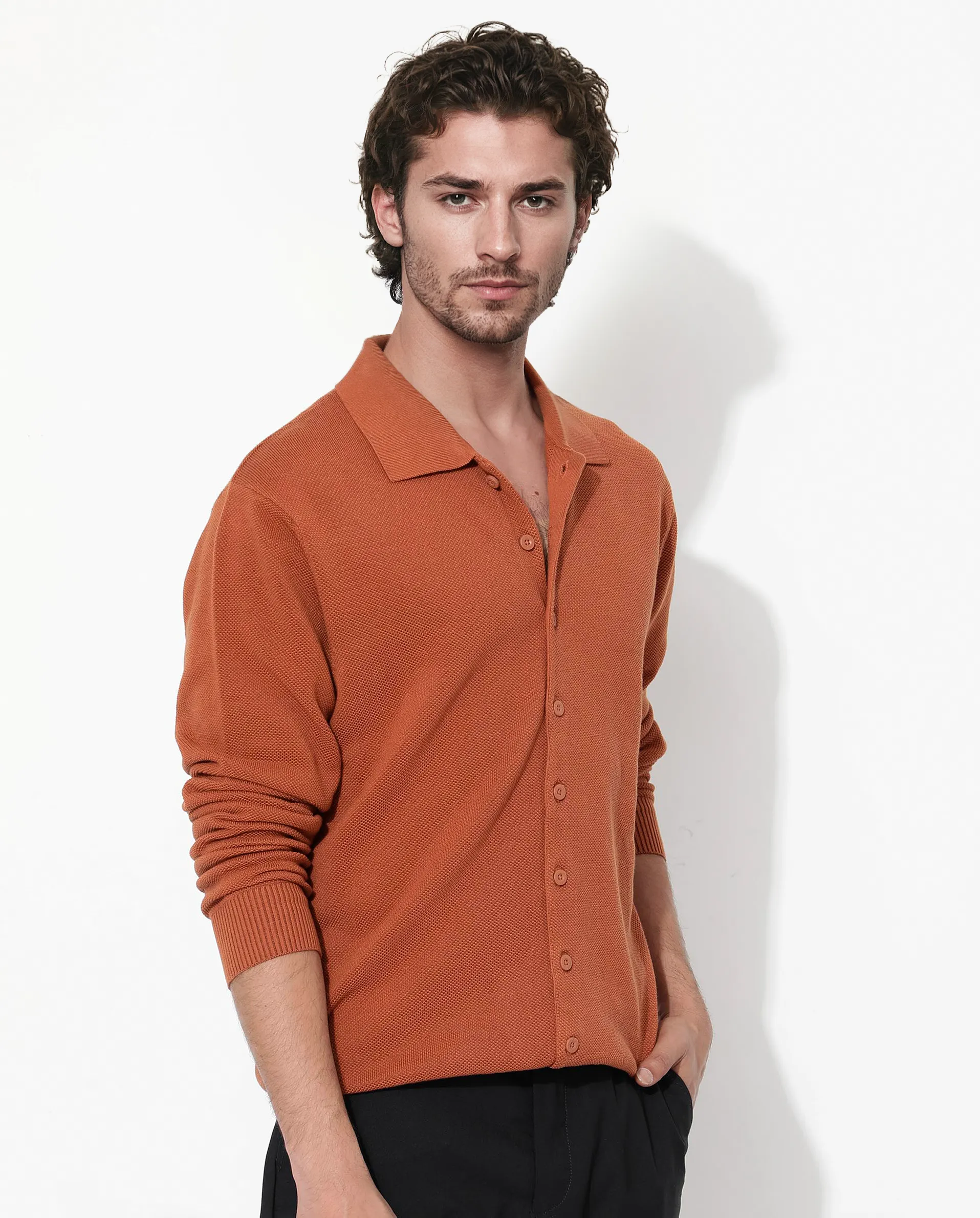 Rare Rabbit Men's Alias-N Dusky Rust Cotton Fabric Full Sleeve Regular Collar Regular Fit Knitted Shirt