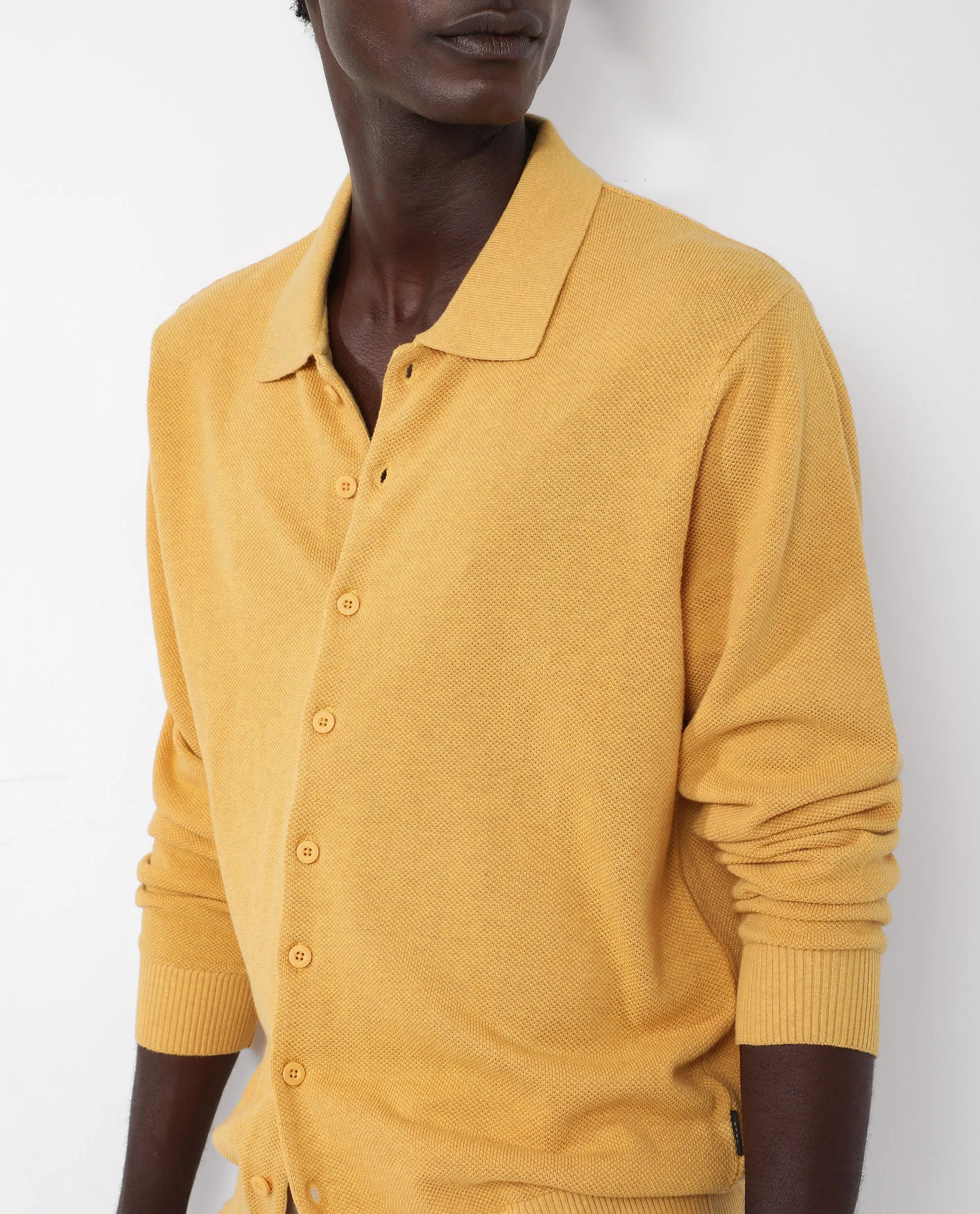 Rare Rabbit Men's Alias-N Dusky Yellow Cotton Fabric Full Sleeve Regular Collar Regular Fit Knitted Shirt