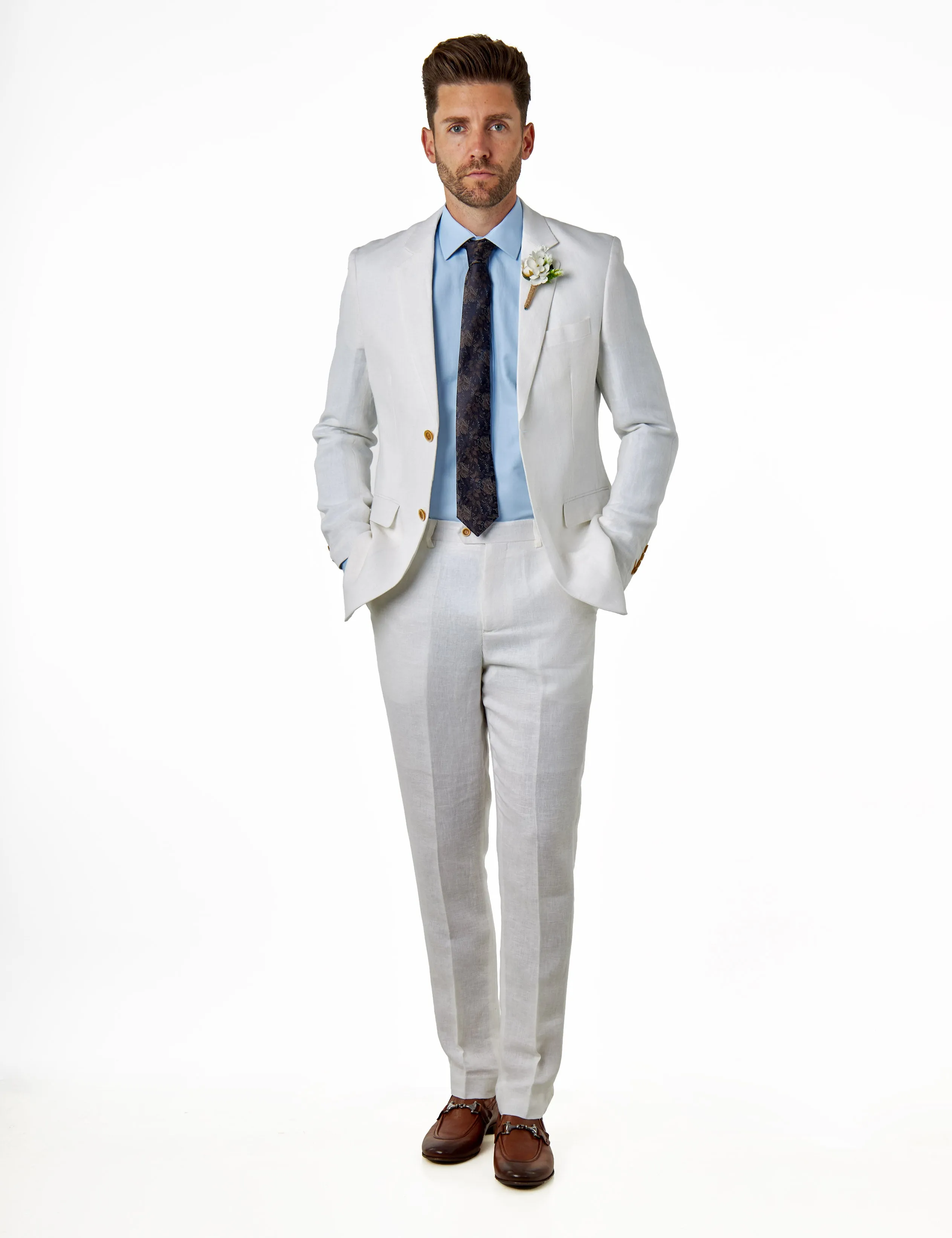 RAY – Off White Herringbone Linen Tailored Fit Suit