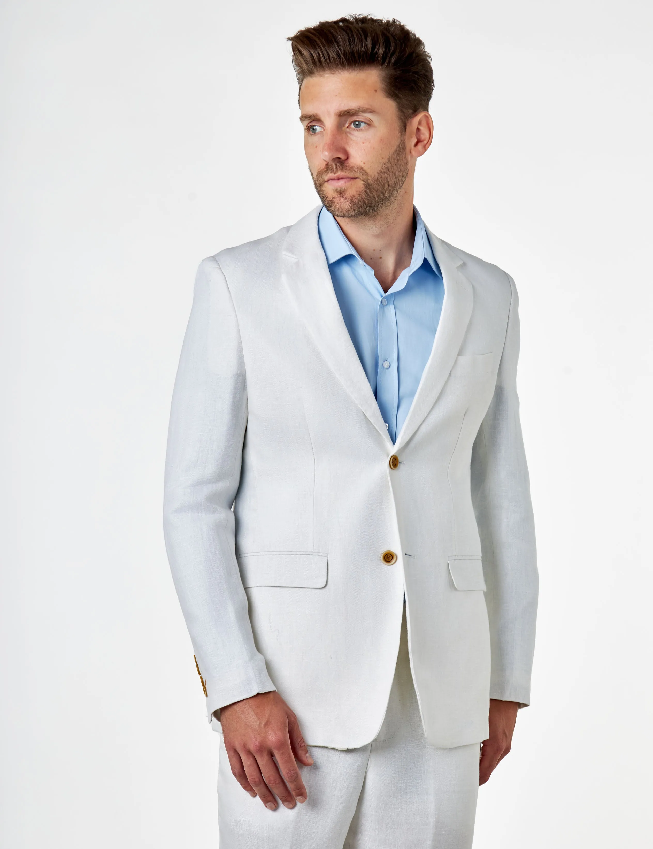 RAY – Off White Herringbone Linen Tailored Fit Suit