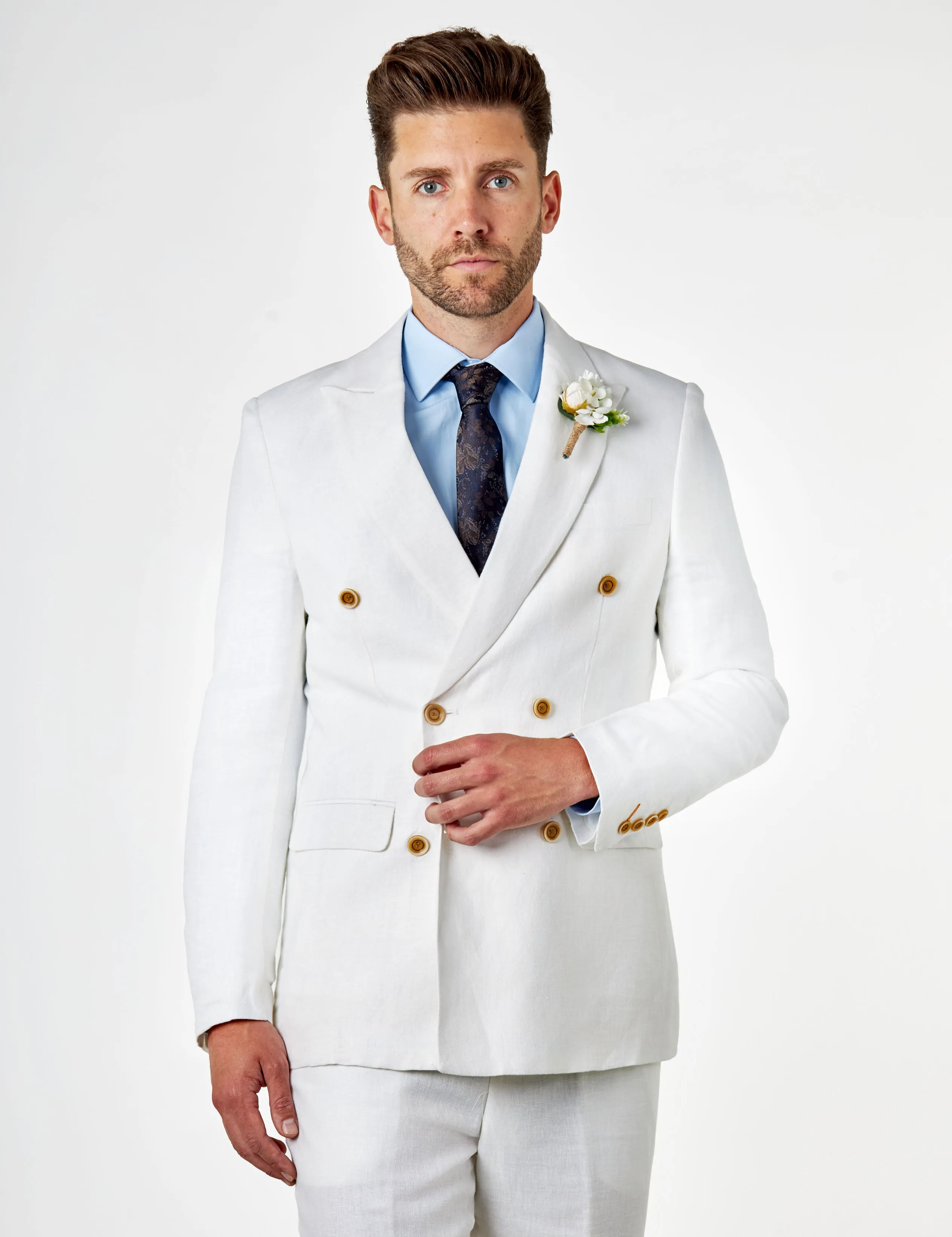 RAY - Tailored Fit Double Breasted Suit Off White Herringbone Linen