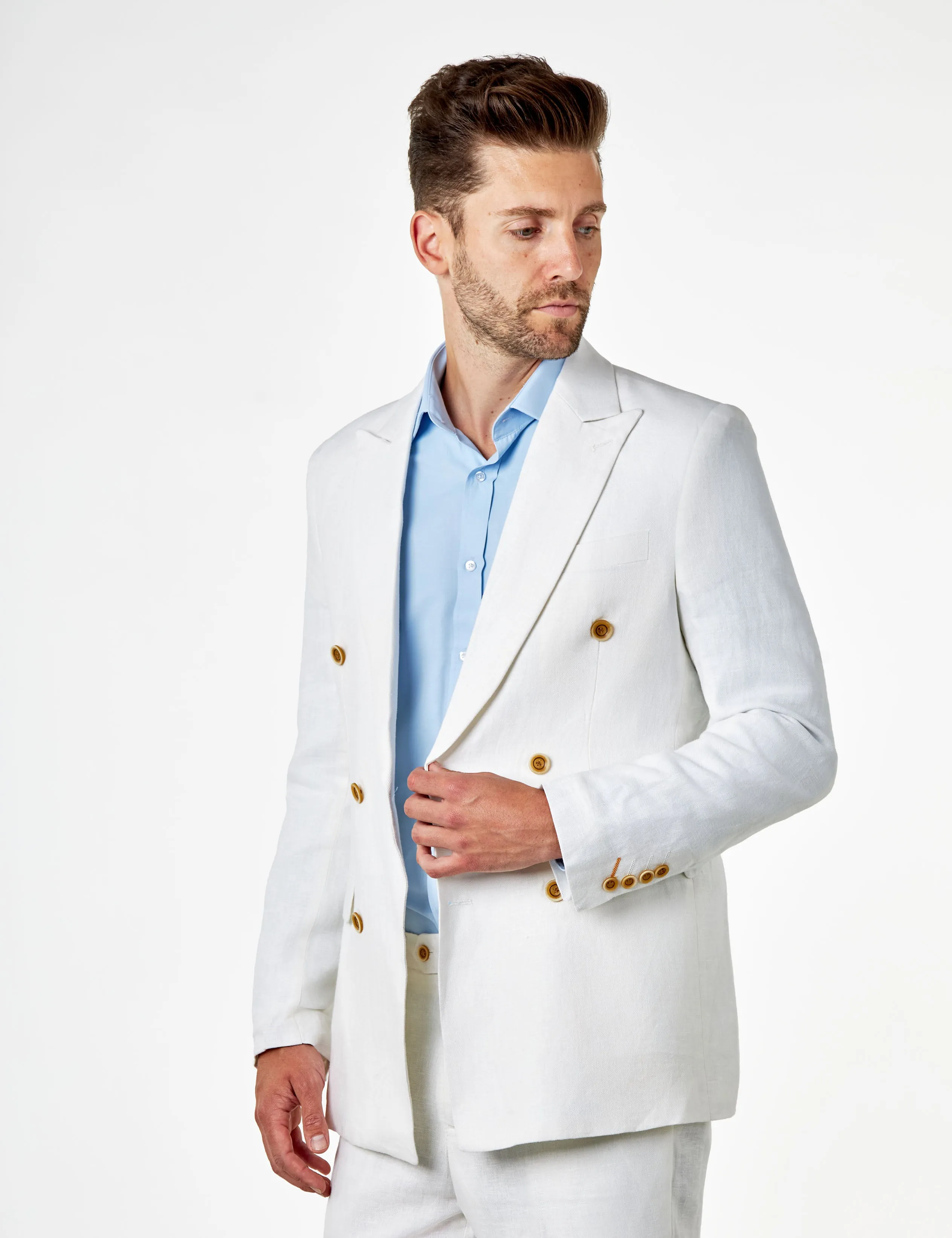 RAY - Tailored Fit Double Breasted Suit Off White Herringbone Linen