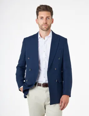 RAY - Tailored Fit Navy Herringbone Linen Double Breasted Jacket