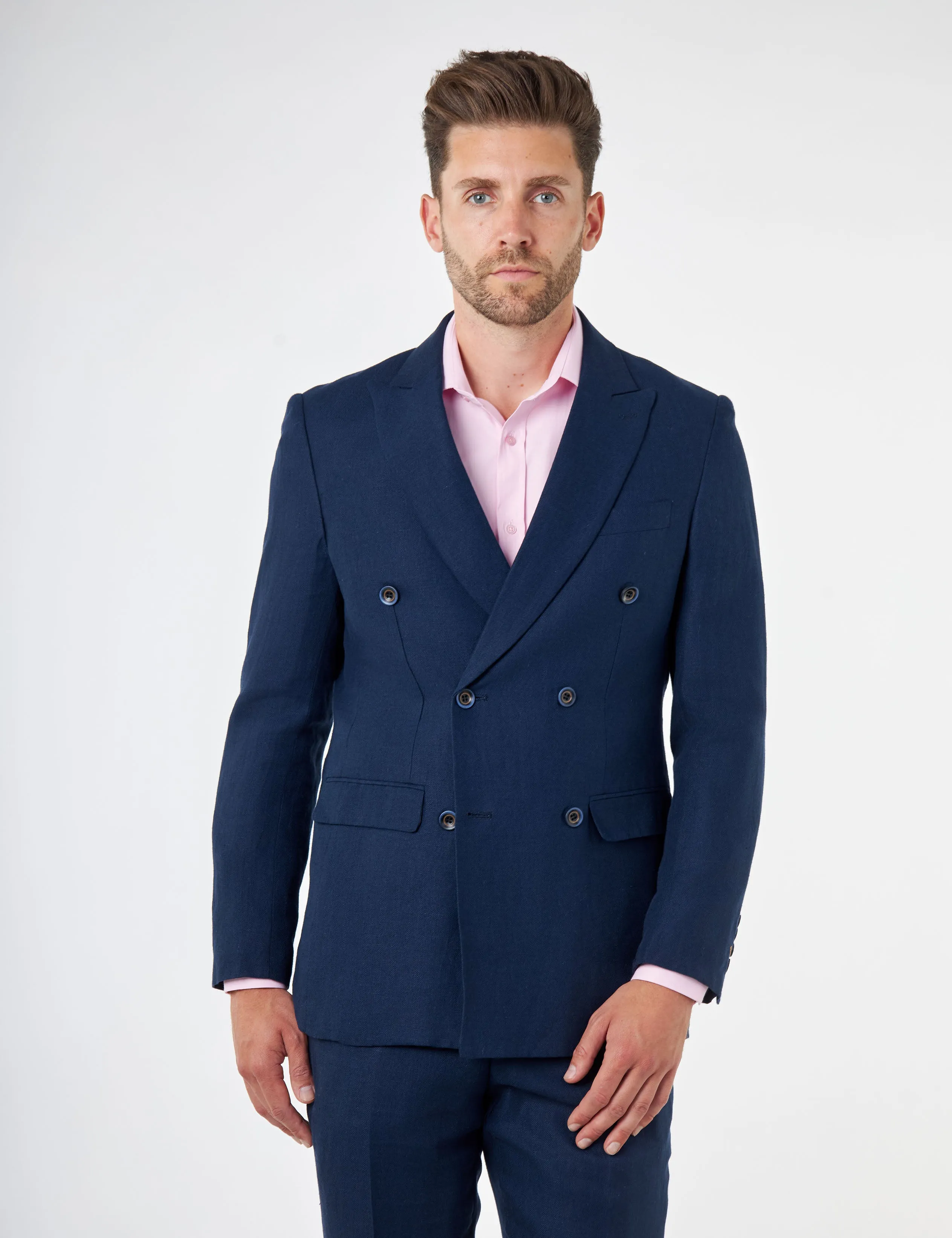 RAY - Tailored Fit Navy Herringbone Linen Double Breasted Jacket