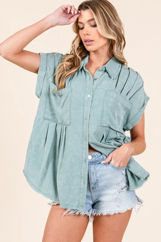 Sage Mineral Washed Pleated Button Down Top