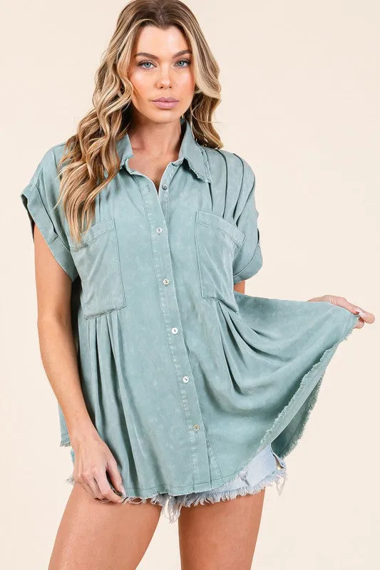 Sage Mineral Washed Pleated Button Down Top