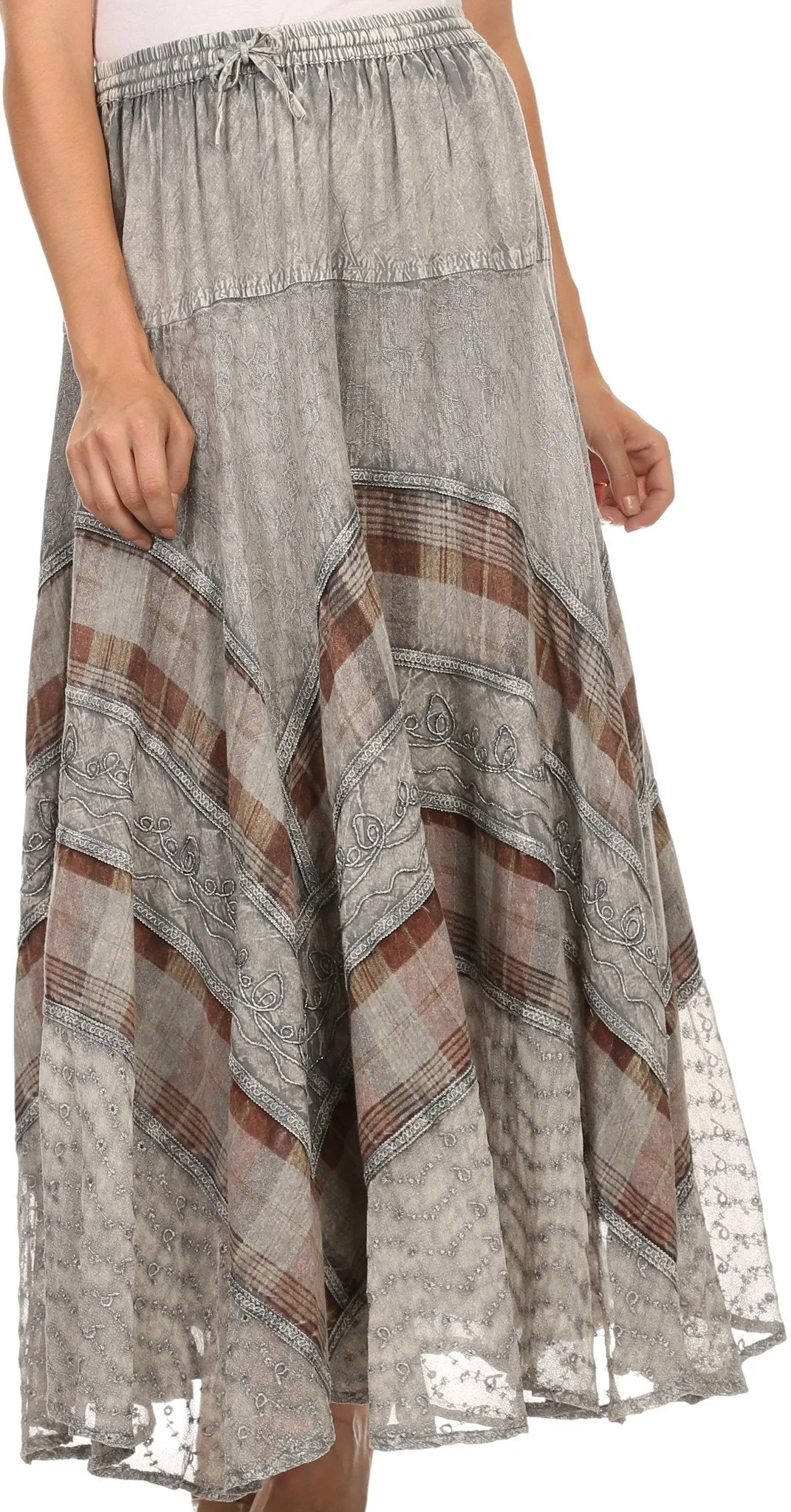 Sakkas Hailes Long Tall Wide Silver Embroidered Batik Adjustable Waist Skirt