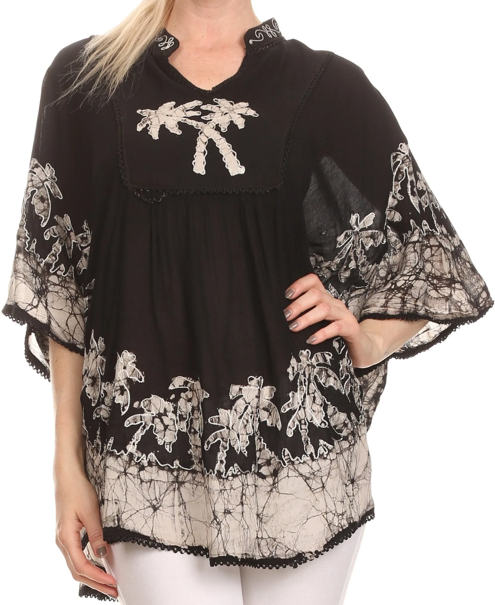 Sakkas Kevitas Long Embroiderd Palm Tree Tie Dye Tunic Blouse Shirt Poncho Top