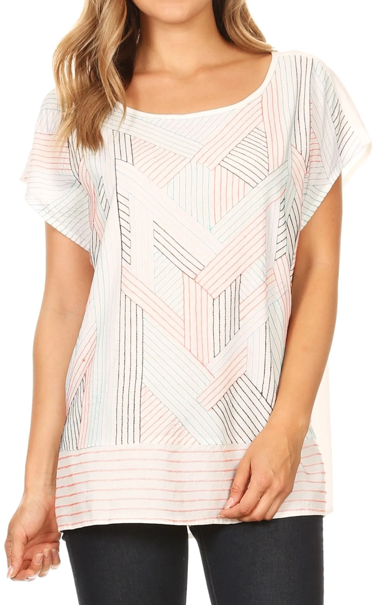 Sakkas Nala Multi-Color Geometric Embroidered Short Sleeve Dolman Top