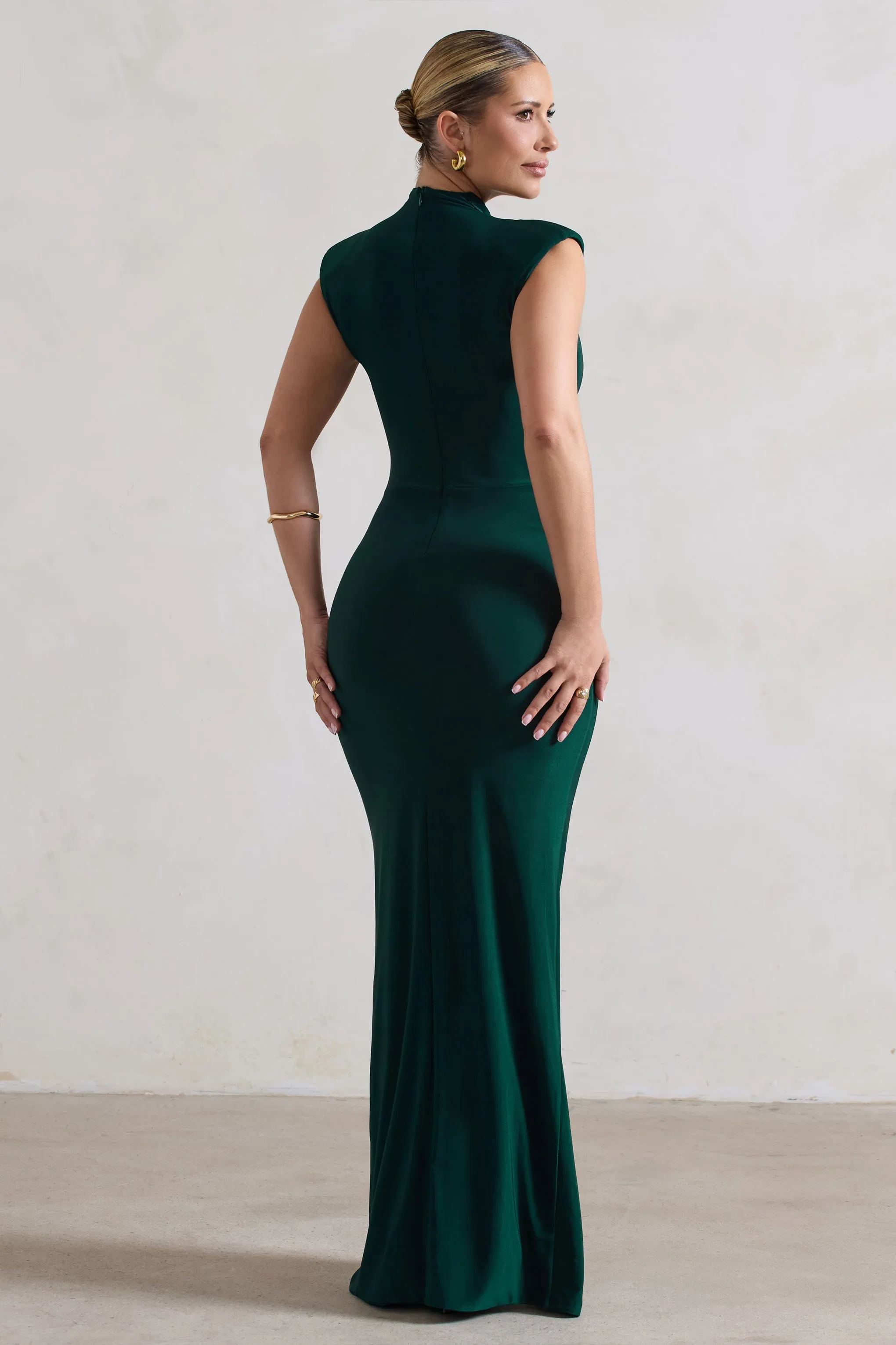 Samira | Bottle Green Ruched High-Neck Split Maxi Dress