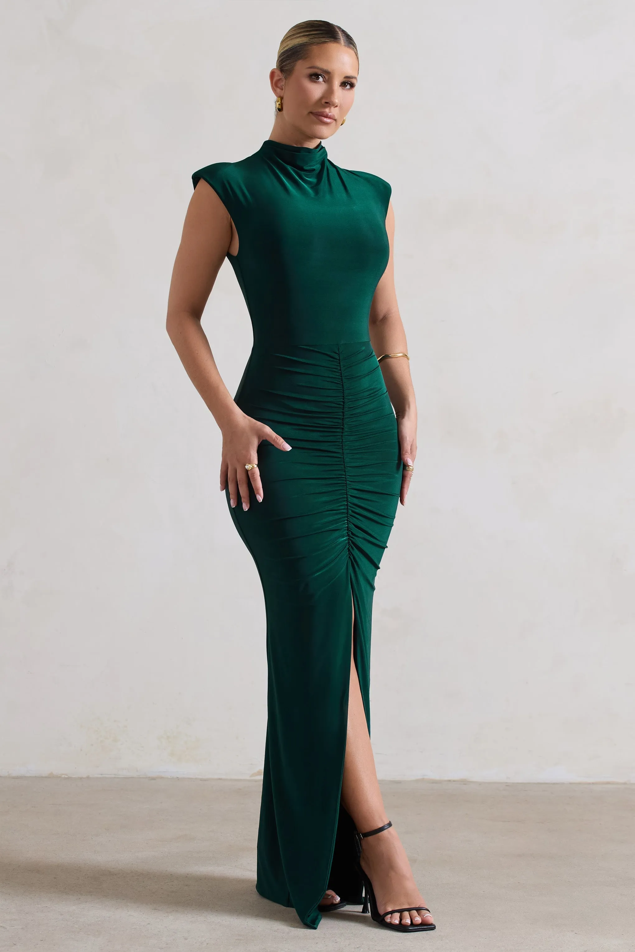 Samira | Bottle Green Ruched High-Neck Split Maxi Dress