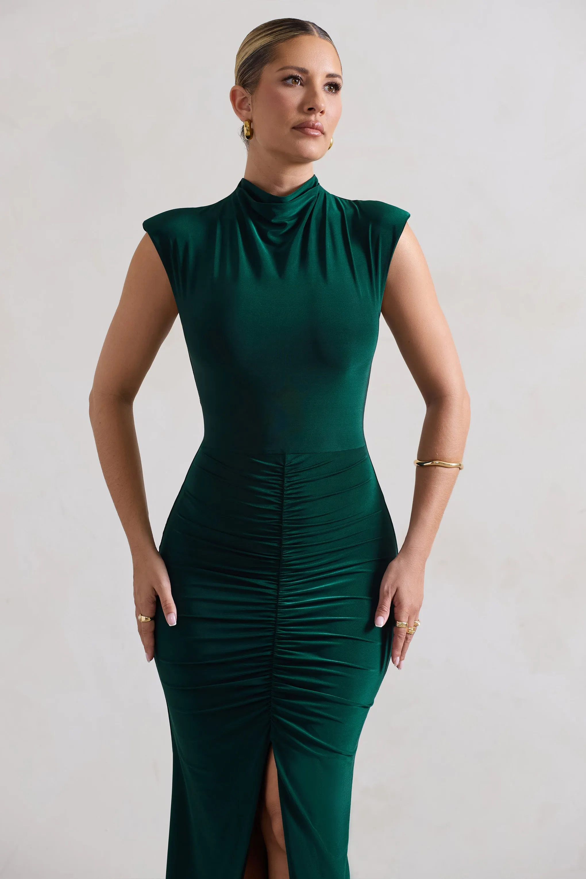 Samira | Bottle Green Ruched High-Neck Split Maxi Dress