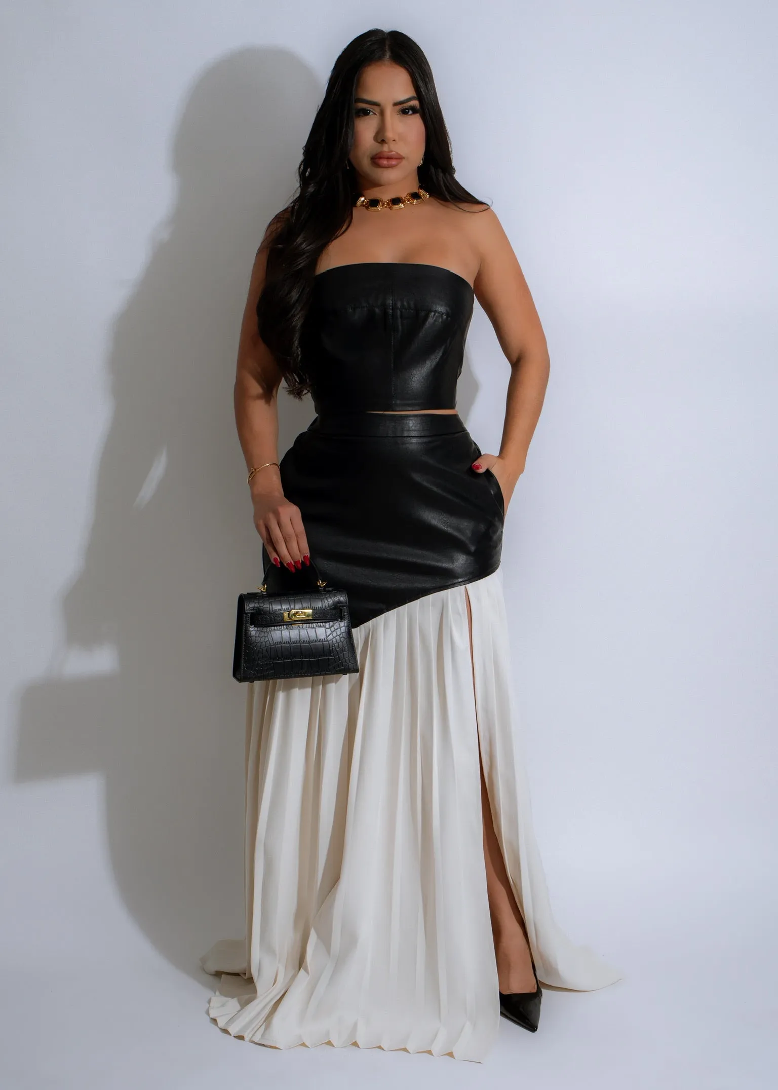 She's Modest Faux Leather Skirt Set Black