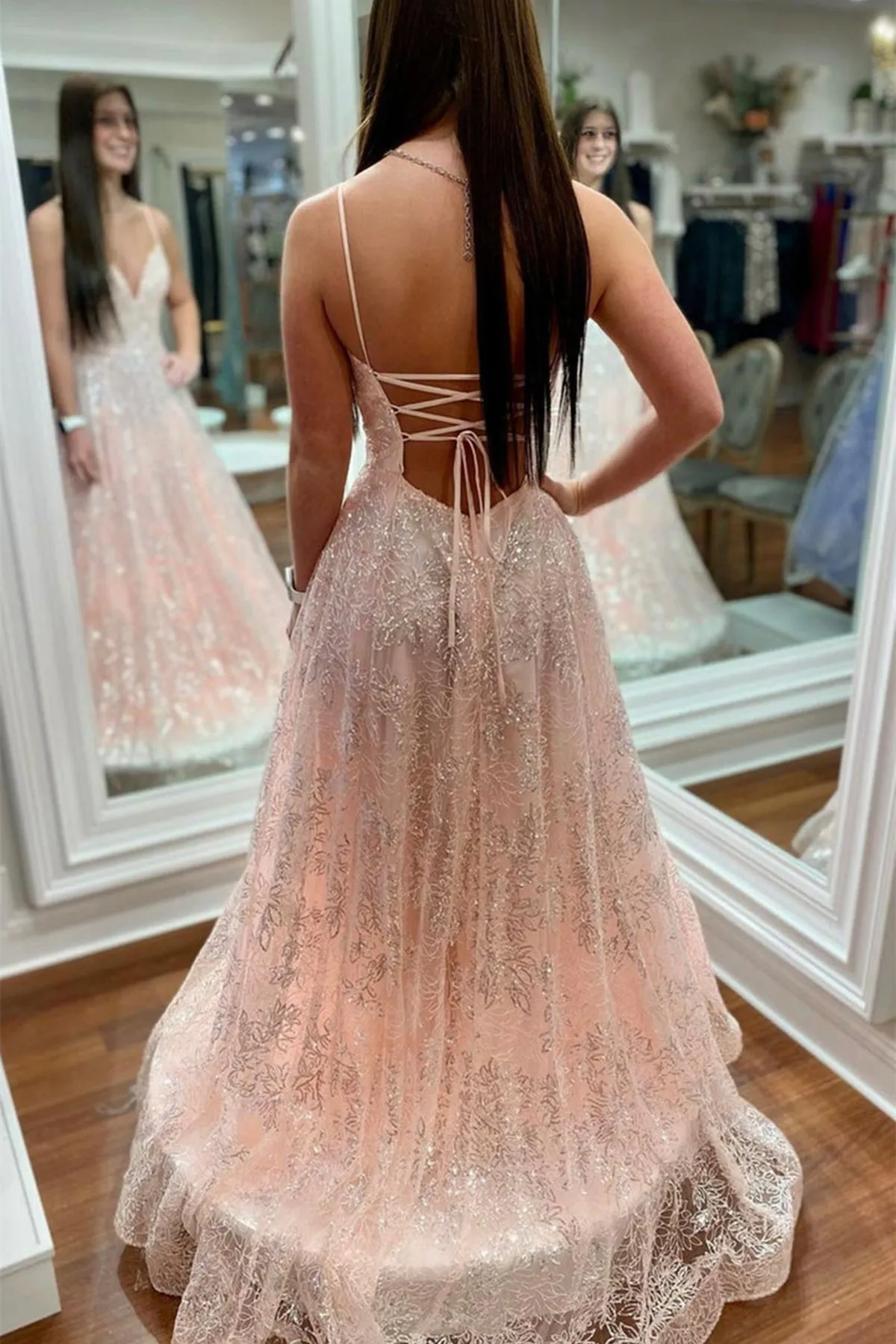 Shiny V Neck Open Back Pink Lace Long Prom Dress, Pink Lace Formal Graduation Evening Dress A1499