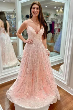 Shiny V Neck Open Back Pink Lace Long Prom Dress, Pink Lace Formal Graduation Evening Dress A1499