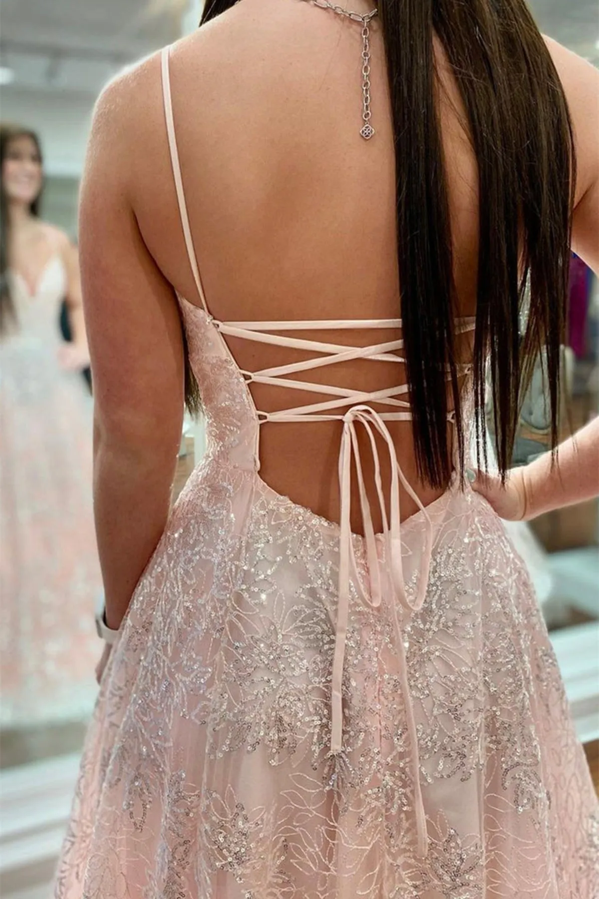 Shiny V Neck Open Back Pink Lace Long Prom Dress, Pink Lace Formal Graduation Evening Dress A1499