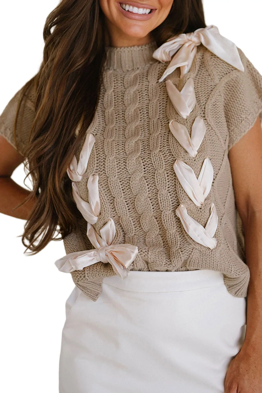 Simply Taupe Satin Bowknot Cable Knit Top