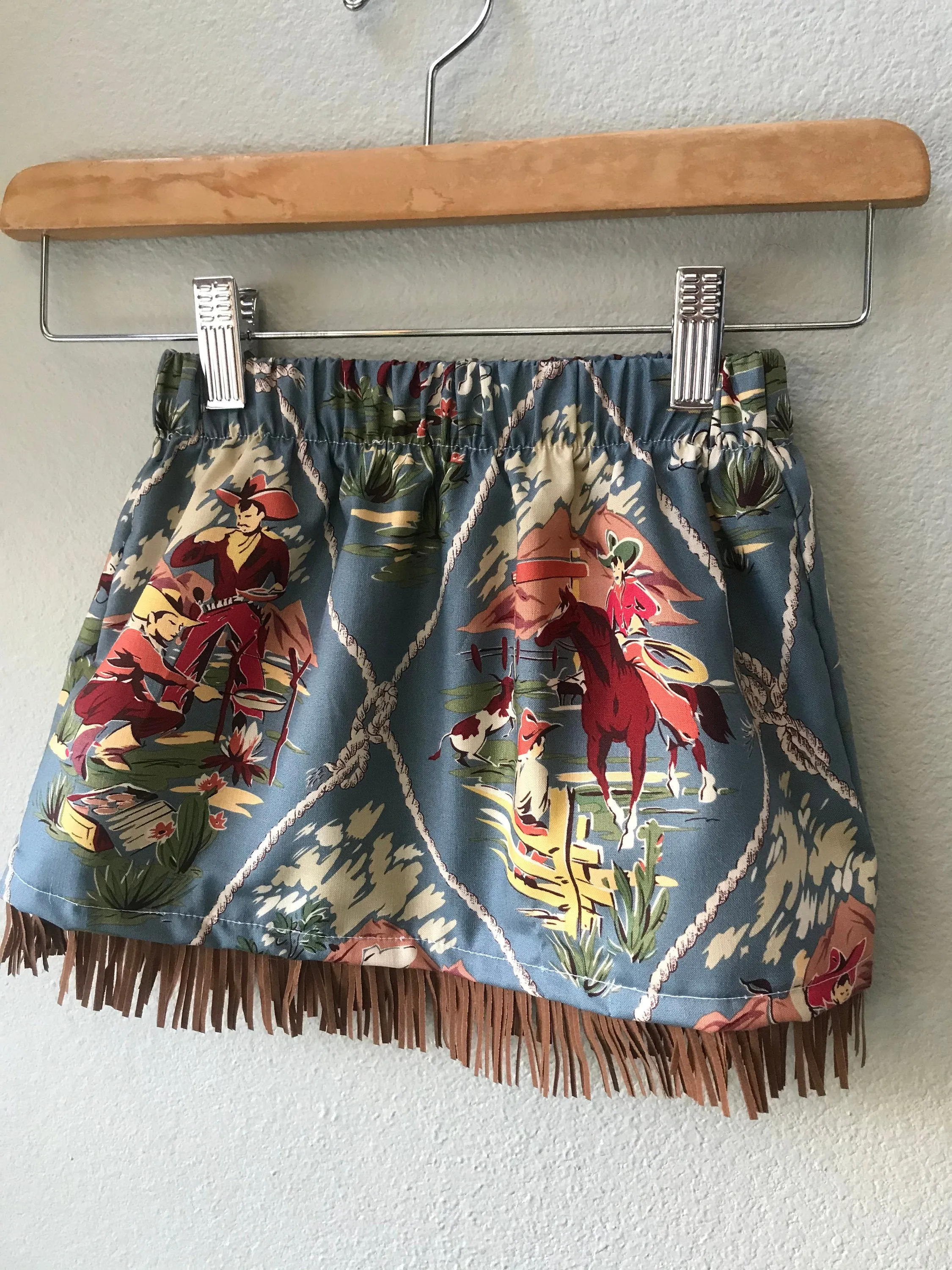 Skirt Blue Cowgirl, Cowboy Cotton Print,  Suede Fringe, Girls