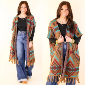 South Texas Sunset Aztec Print Wrap Poncho Vest in Turquoise and Camel