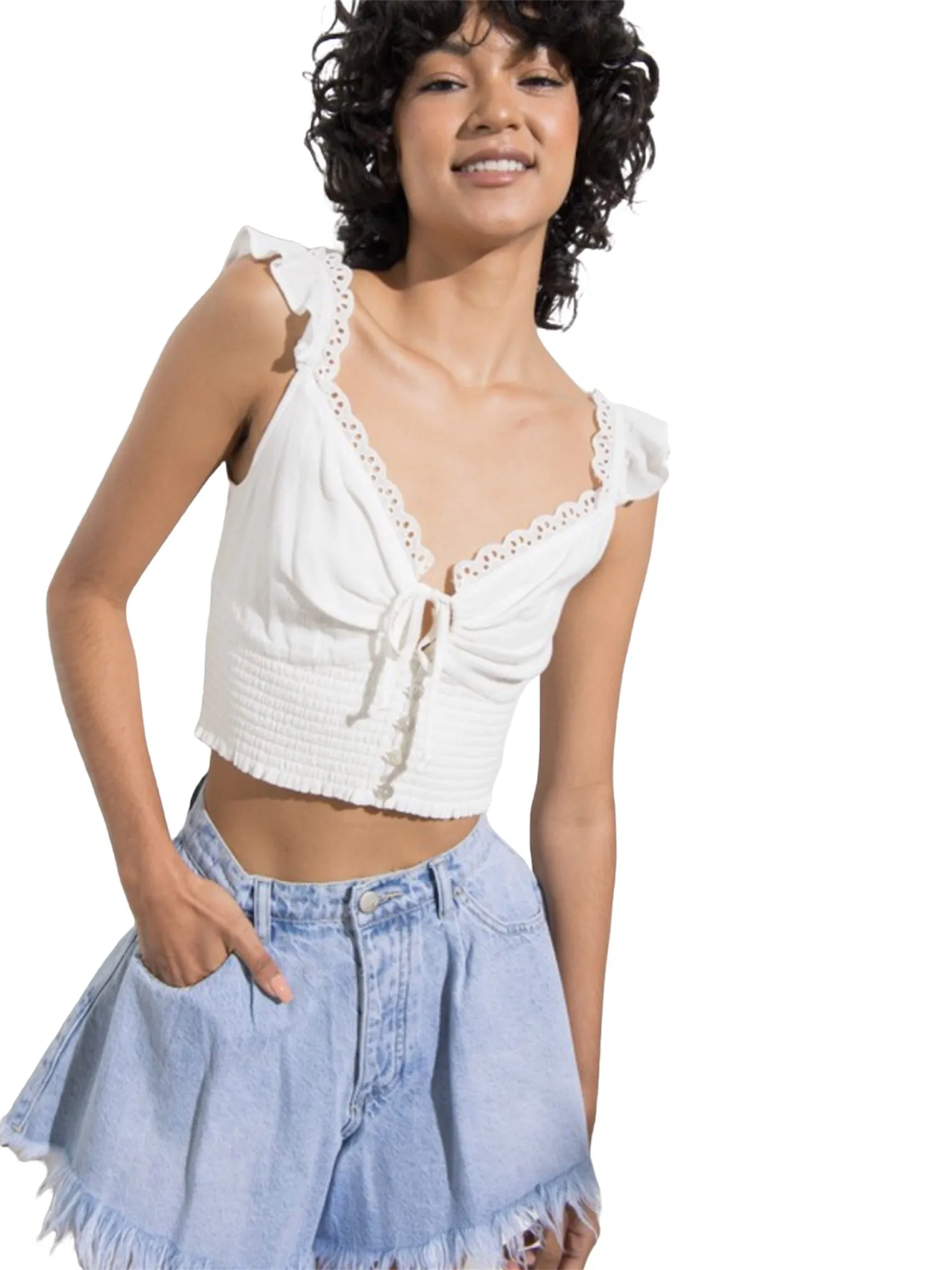 Stacy’s Eyelet Lace Smocking Top- White