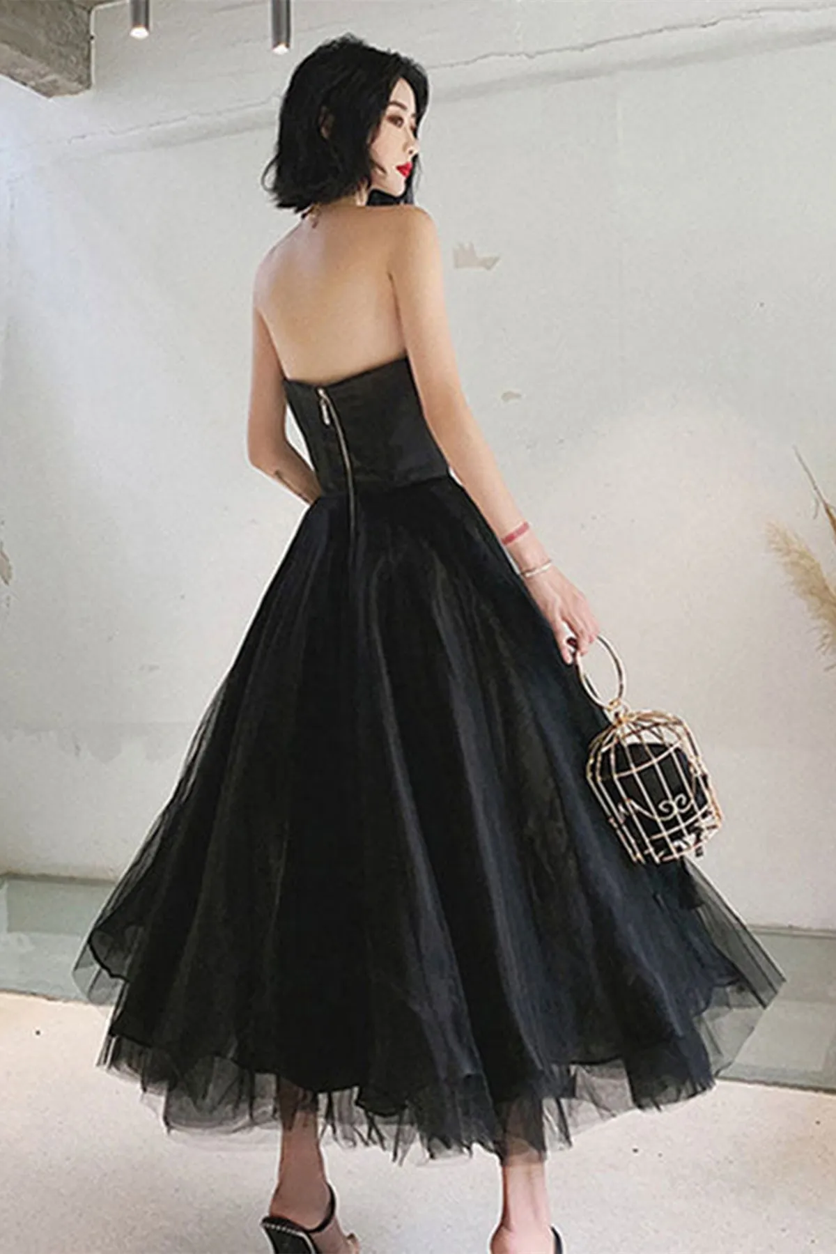 Strapless Black Tulle Tea Length Prom Dress, Black Tulle Homecoming Dress, Short Black Formal Graduation Evening Dress A1612