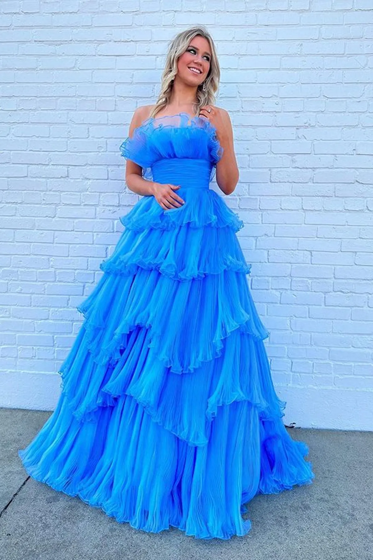 Strapless Layered Blue Long Prom Dresses, Open Back Blue Formal Evening Dresses, Blue Ball Gown A1867