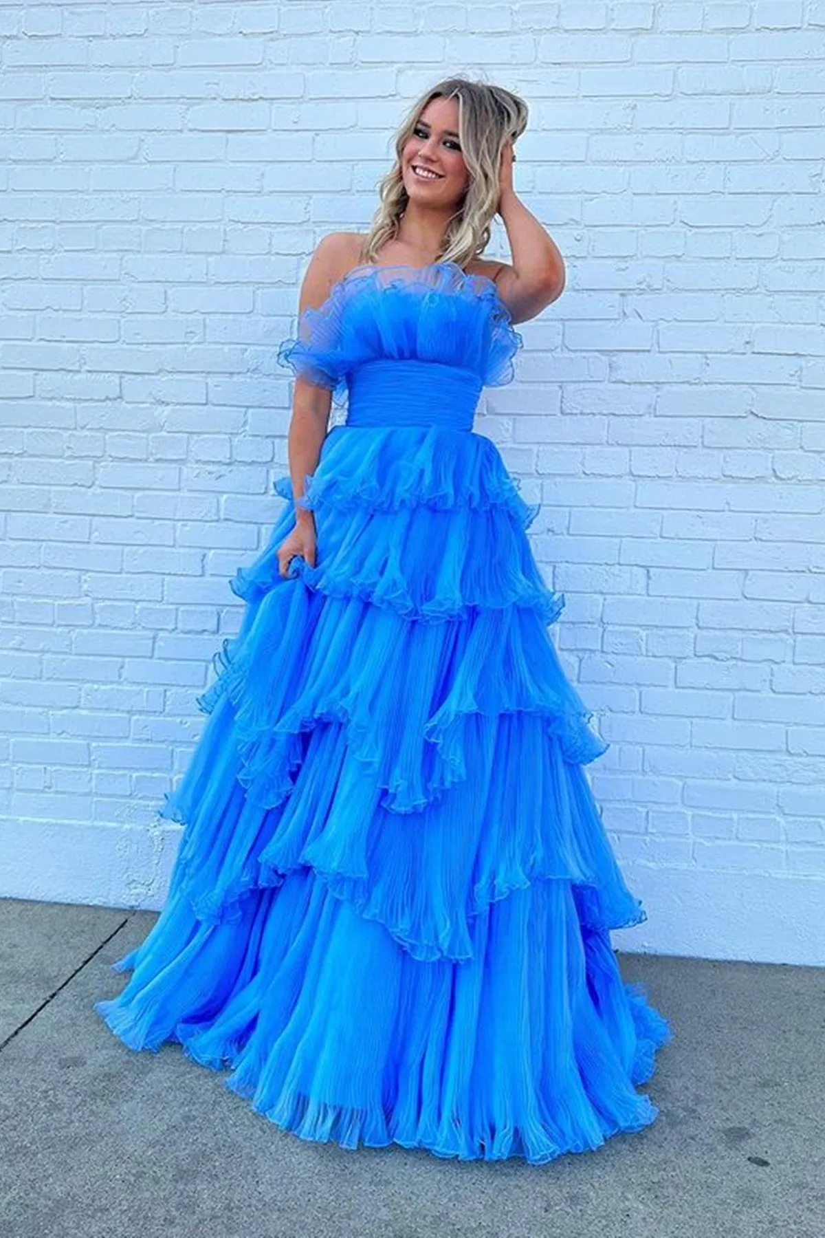 Strapless Layered Blue Long Prom Dresses, Open Back Blue Formal Evening Dresses, Blue Ball Gown A1867