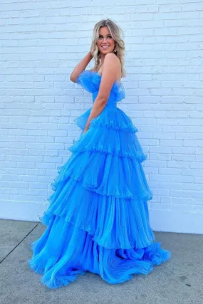 Strapless Layered Blue Long Prom Dresses, Open Back Blue Formal Evening Dresses, Blue Ball Gown A1867