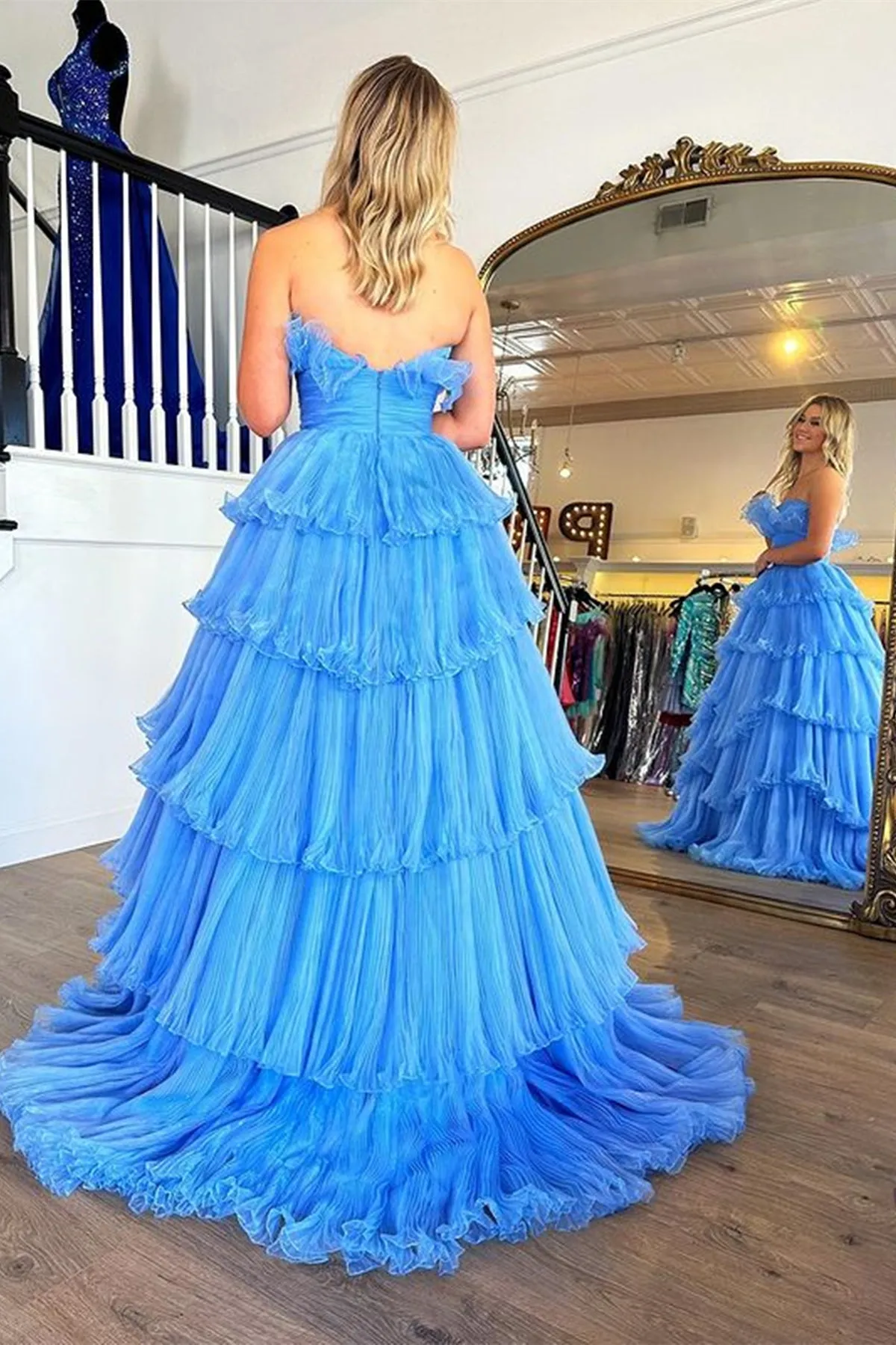 Strapless Layered Blue Long Prom Dresses, Open Back Blue Formal Evening Dresses, Blue Ball Gown A1867