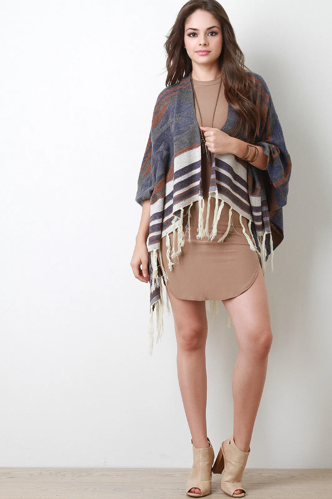 Striped Fringe Poncho Cardigan