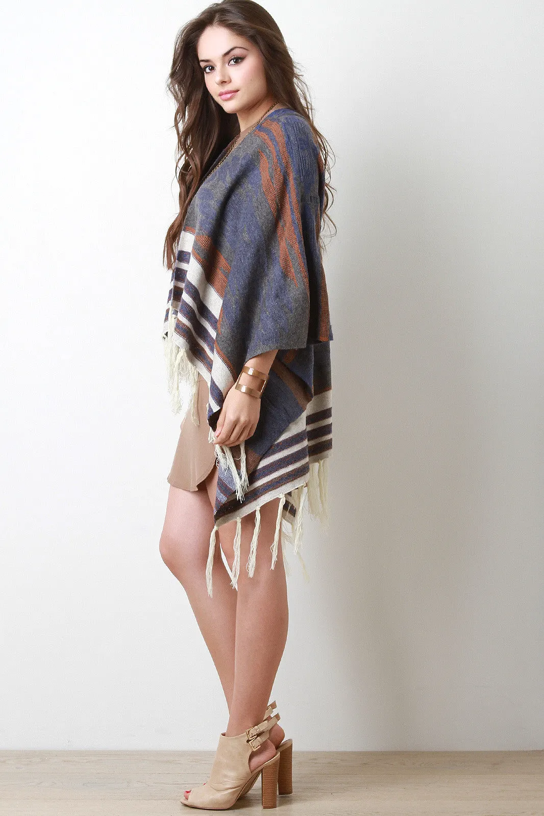 Striped Fringe Poncho Cardigan