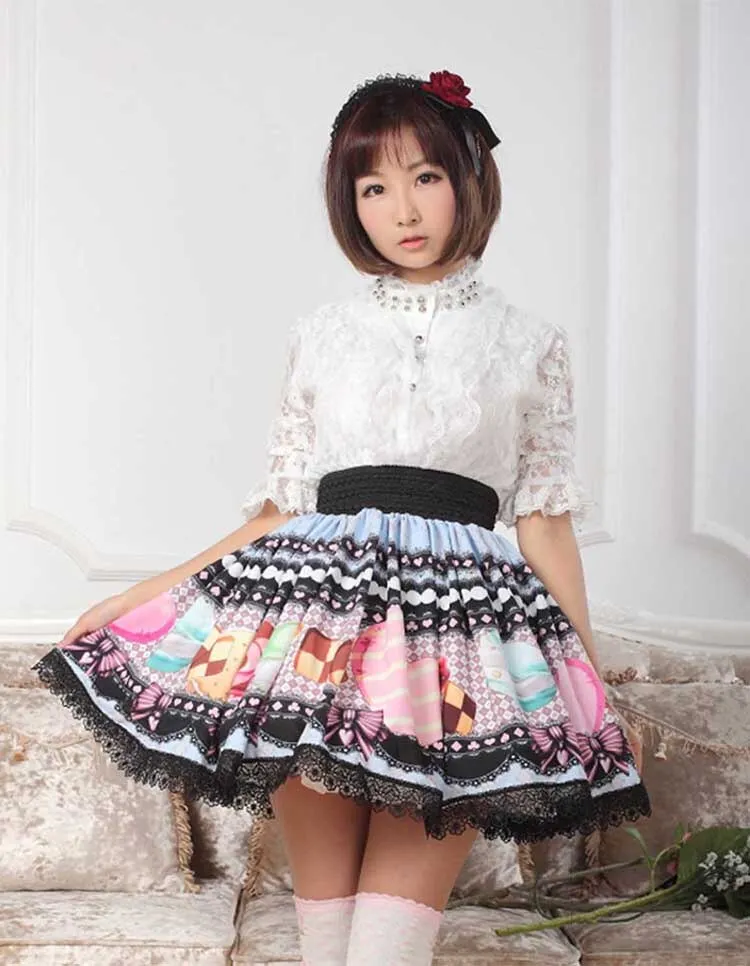 Sweet Original Design Cookies Printed Girl's Pleated Skirt Princess Lolita Lace Skirt for Women