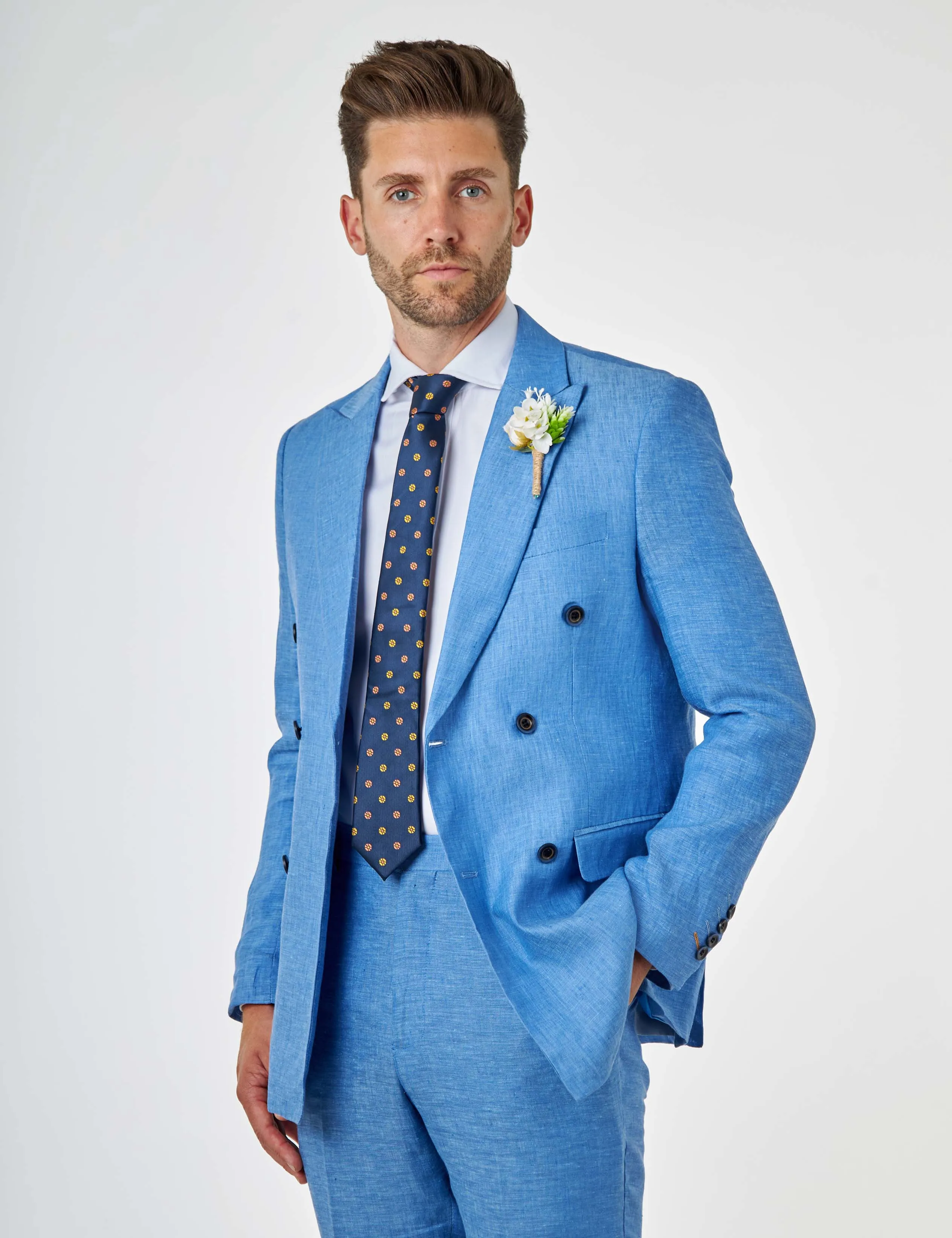 Tailored Fit Double Breasted Pure Linen Light Blue Summer Suit