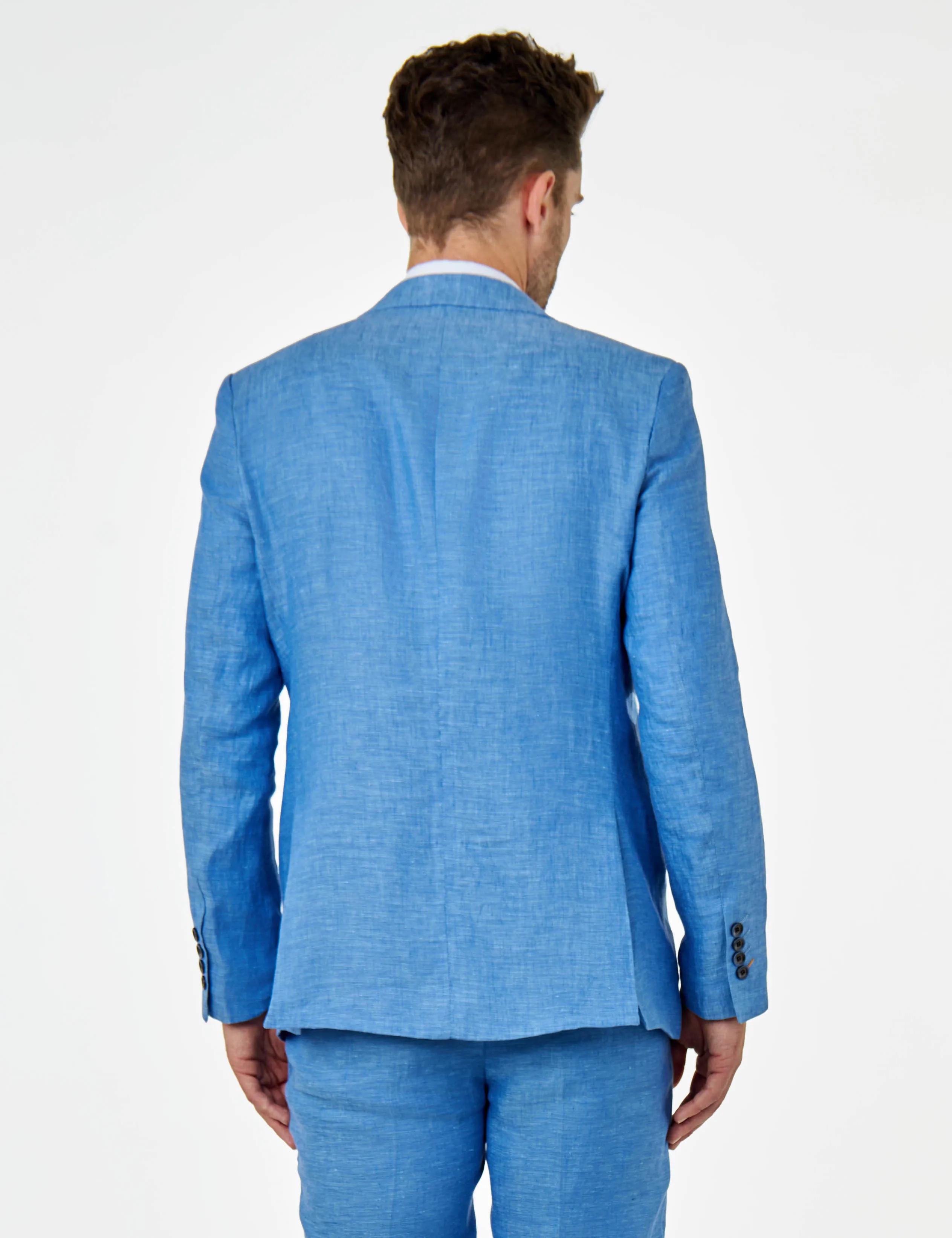 Tailored Fit Double Breasted Pure Linen Light Blue Summer Suit