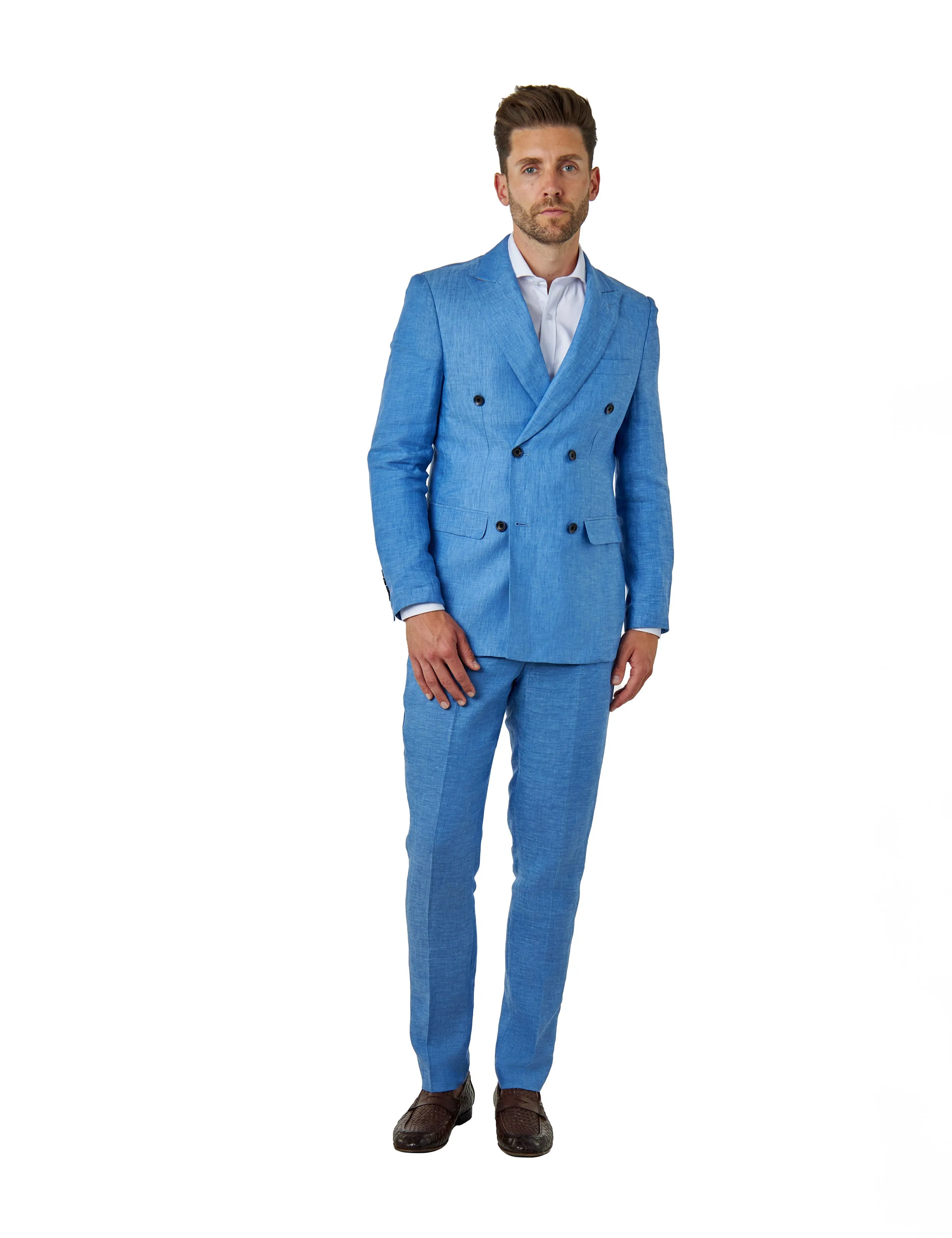 Tailored Fit Double Breasted Pure Linen Light Blue Summer Suit