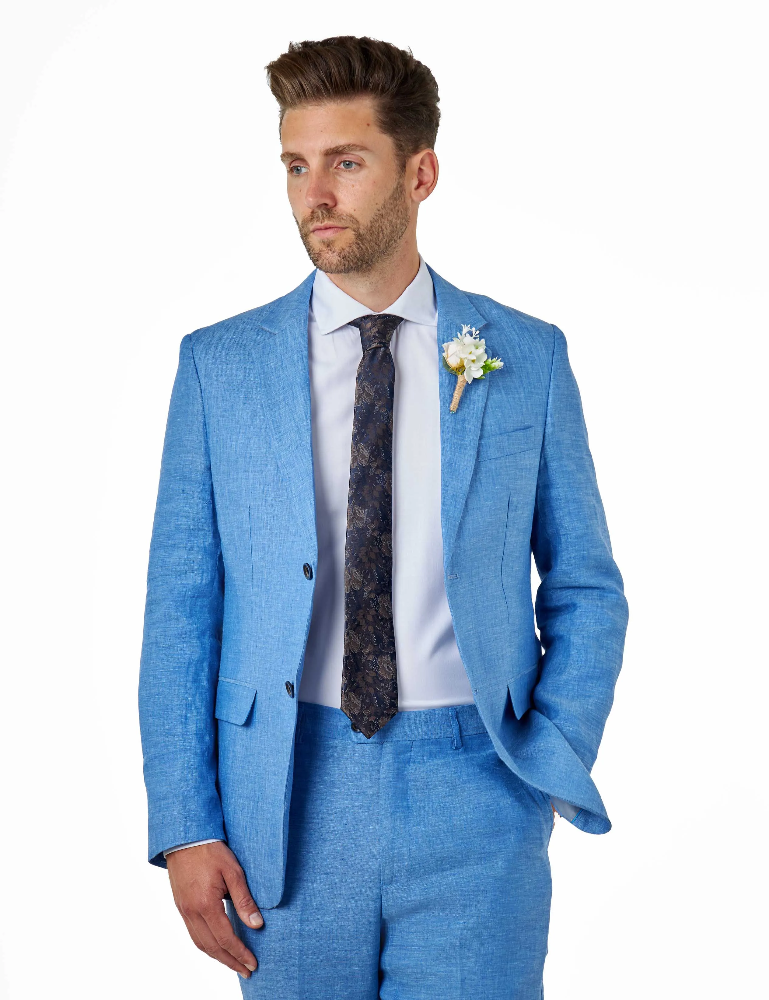 Tailored Fit Pure Linen Light Blue Summer Suit