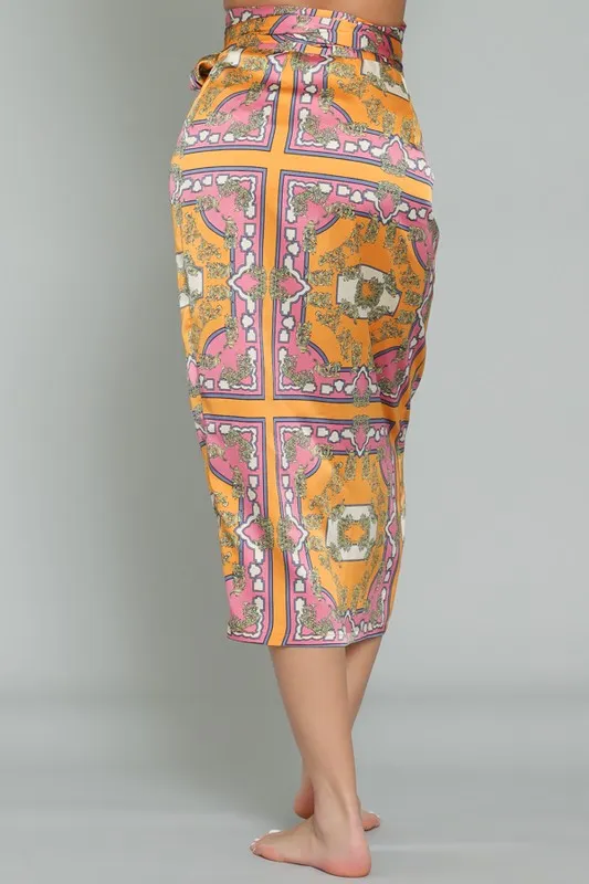 Tangerine/Pink High Waisted Wrap Satin Midi Skirt