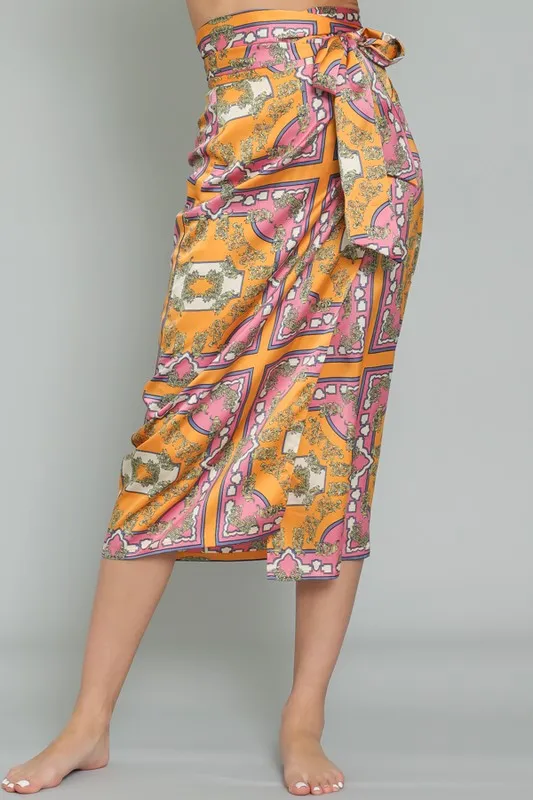 Tangerine/Pink High Waisted Wrap Satin Midi Skirt