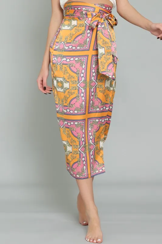 Tangerine/Pink High Waisted Wrap Satin Midi Skirt