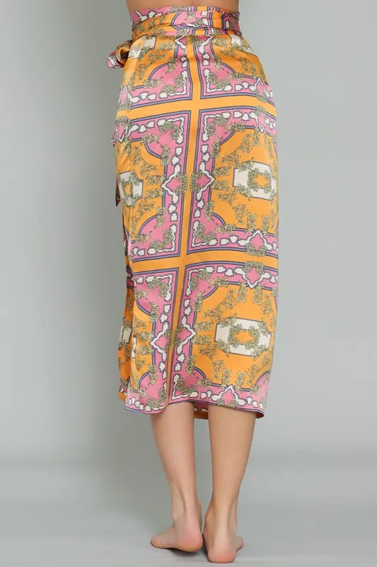 Tangerine/Pink High Waisted Wrap Satin Midi Skirt